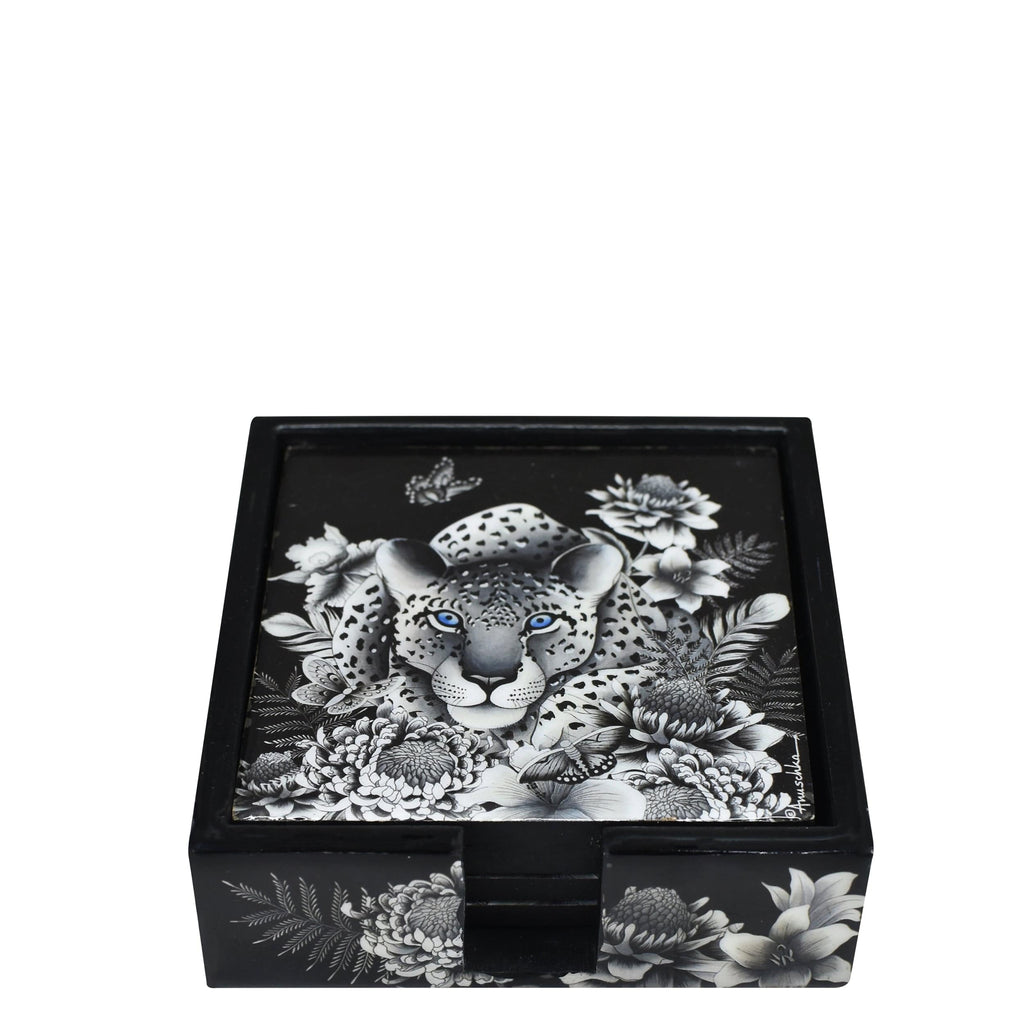 Set of 4 Wooden Printed Square Coasters Made of natural mango wood with enamel inlay - Leopard