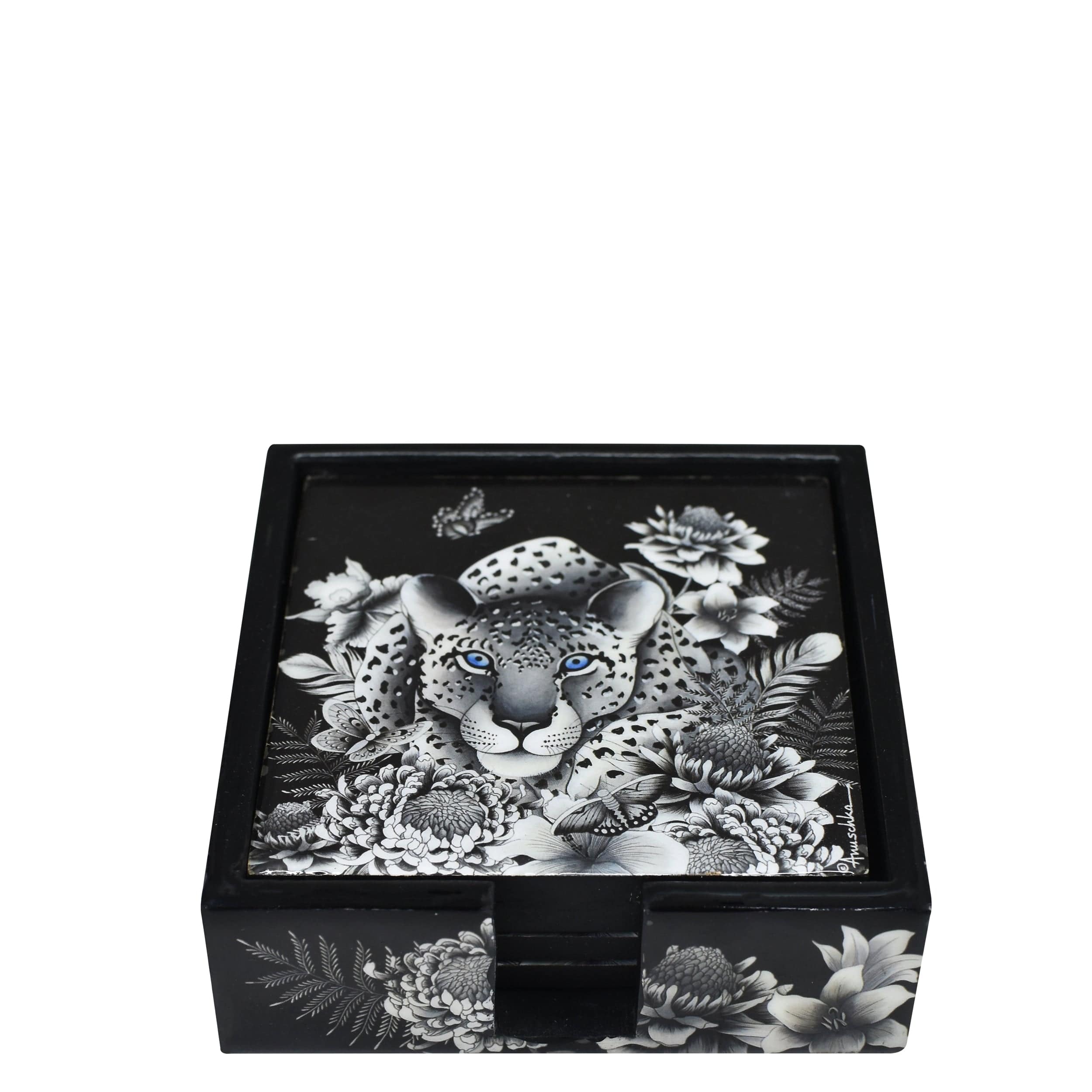 Set of 4 Wooden Printed Square Coasters Made of natural mango wood with enamel inlay - Leopard