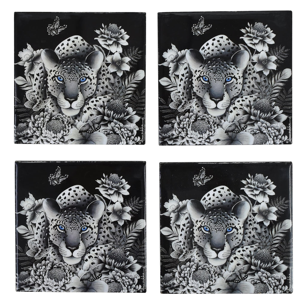 Set of 4 Wooden Printed Square Coasters Made of natural mango wood with enamel inlay - Leopard