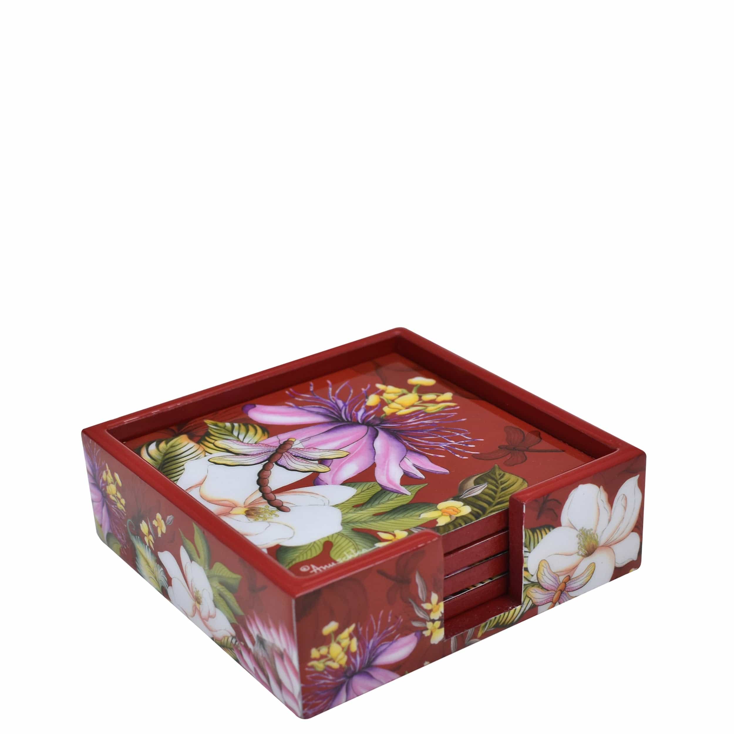 Set of 4 Wooden Printed Square Coasters Made of natural mango wood with enamel inlay - Red Floral