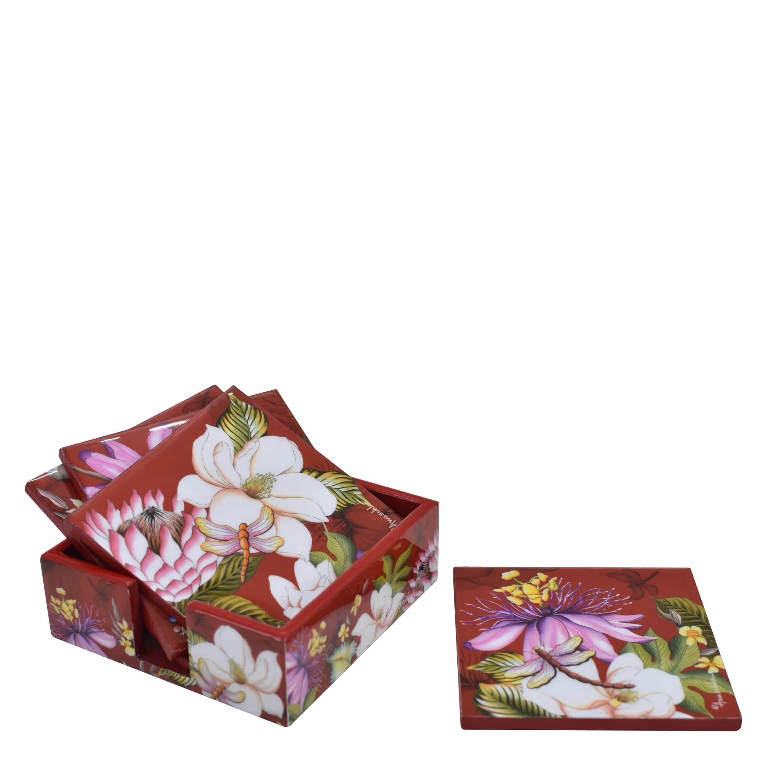 Set of 4 Wooden Printed Square Coasters Made of natural mango wood with enamel inlay - Red Floral