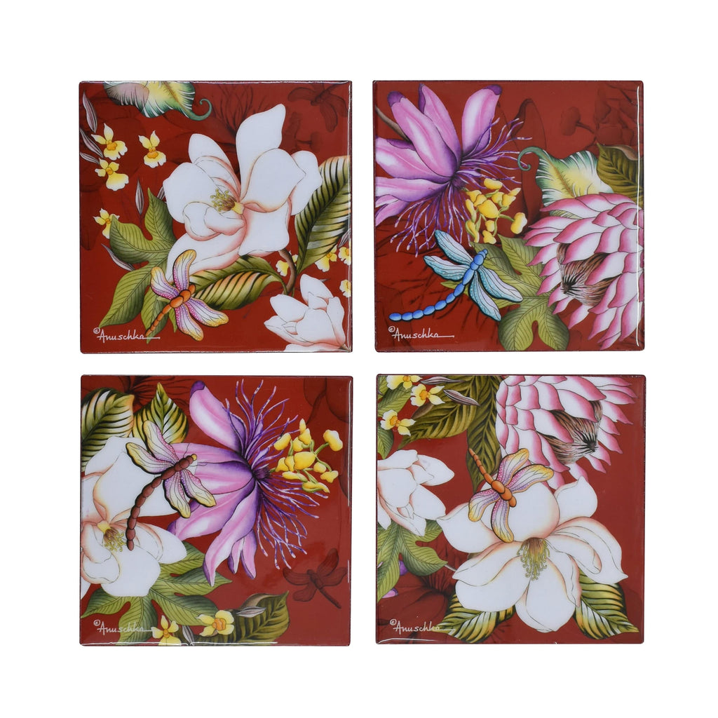 Set of 4 Wooden Printed Square Coasters Made of natural mango wood with enamel inlay - Red Floral