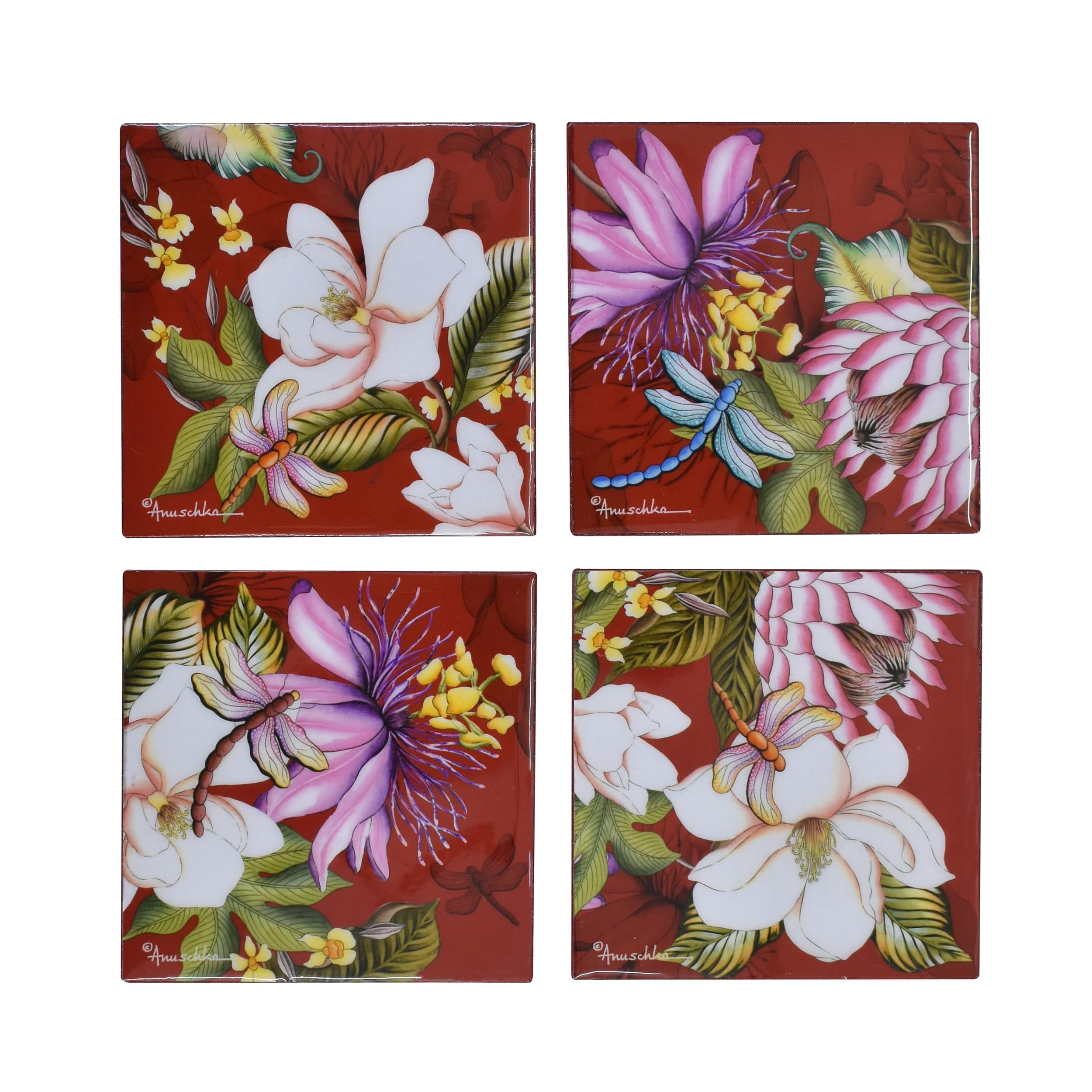 Set of 4 Wooden Printed Square Coasters Made of natural mango wood with enamel inlay - Red Floral