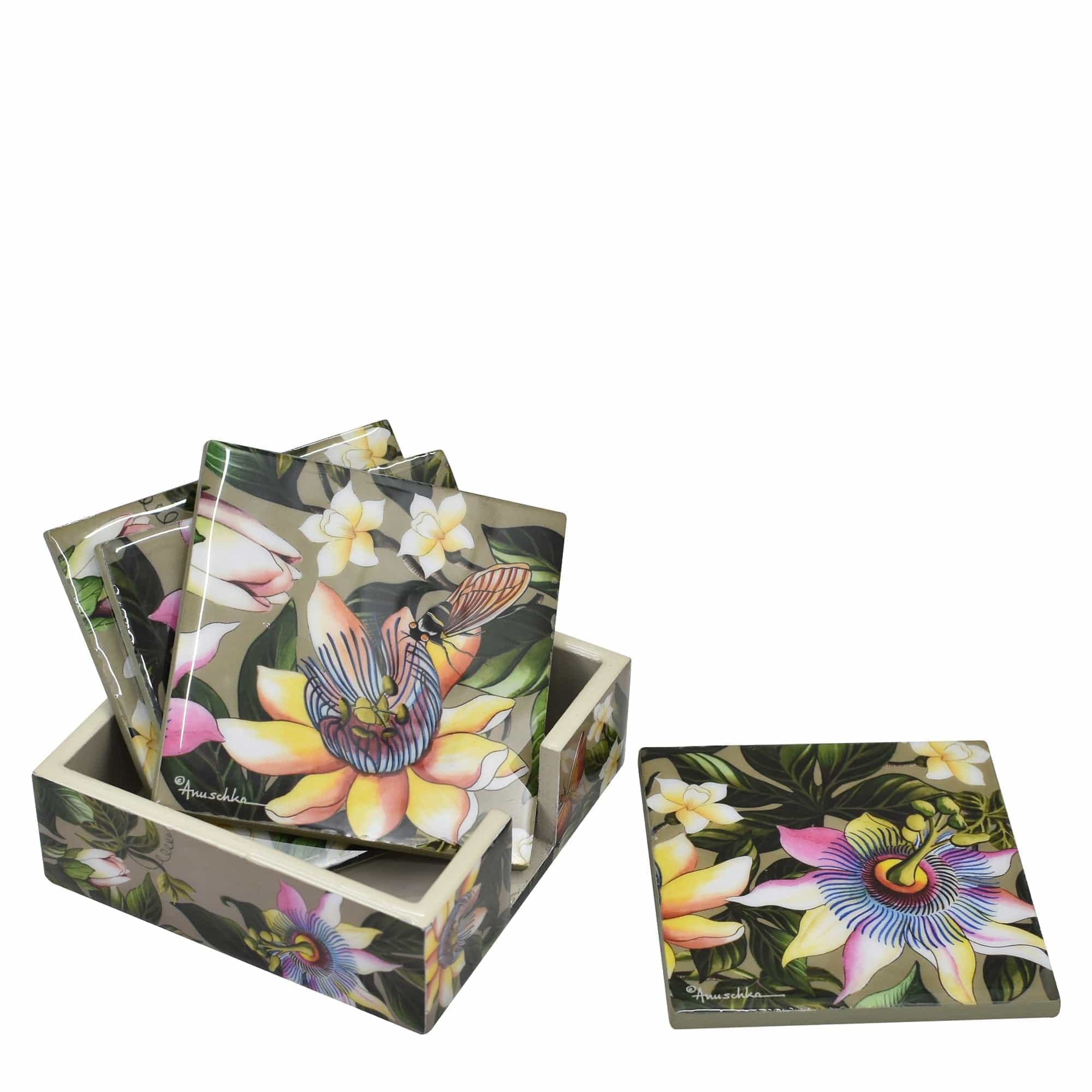 Set of 4 Wooden Printed Square Coasters Made of natural mango wood with enamel inlay - Flower