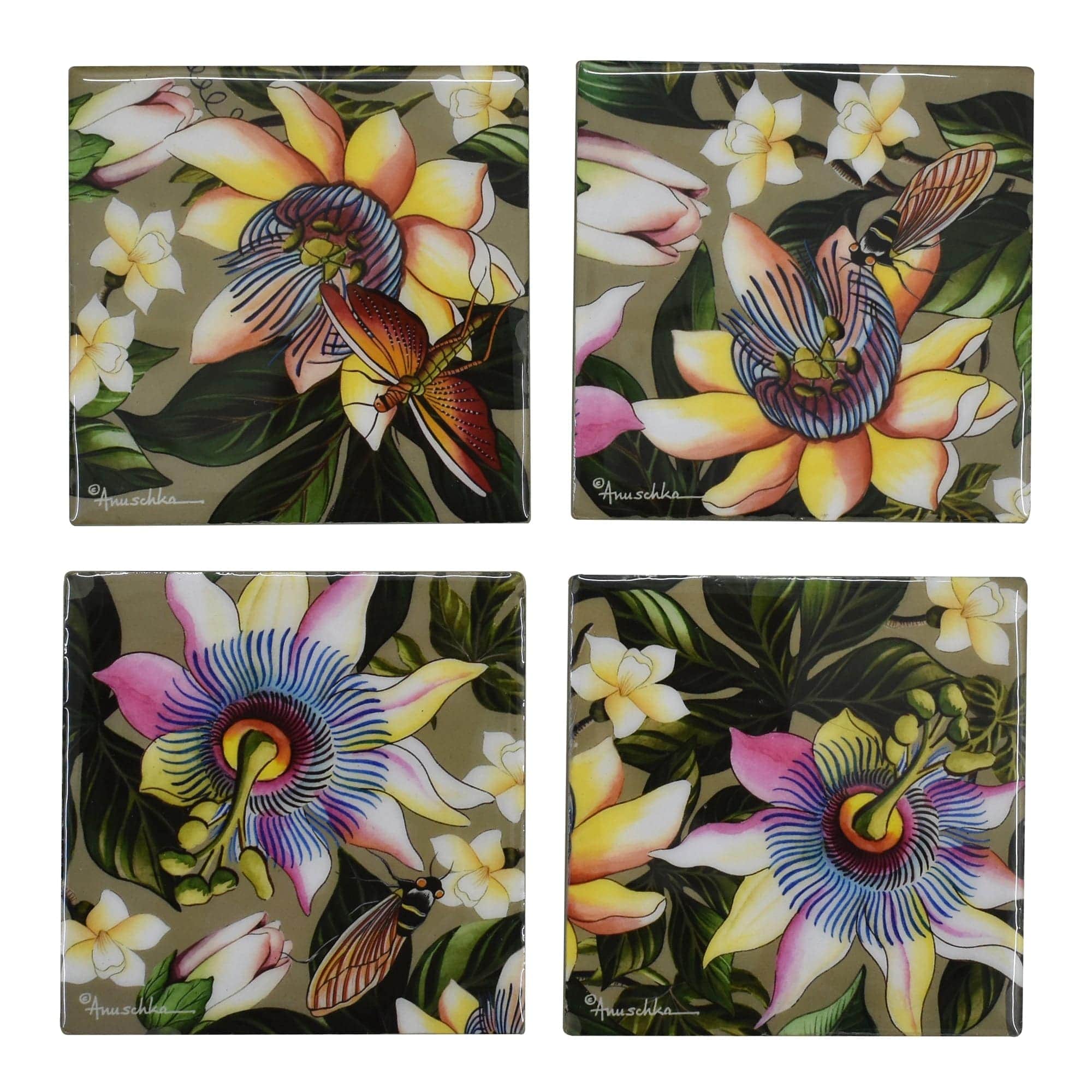 Set of 4 Wooden Printed Square Coasters Made of natural mango wood with enamel inlay - Flower