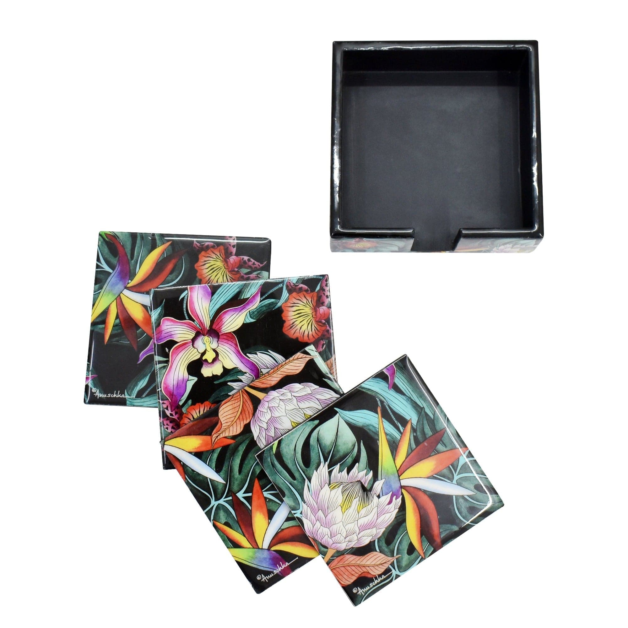 Set of 4 Wooden Printed Square Coasters Made of natural mango wood with enamel inlay - Tropical