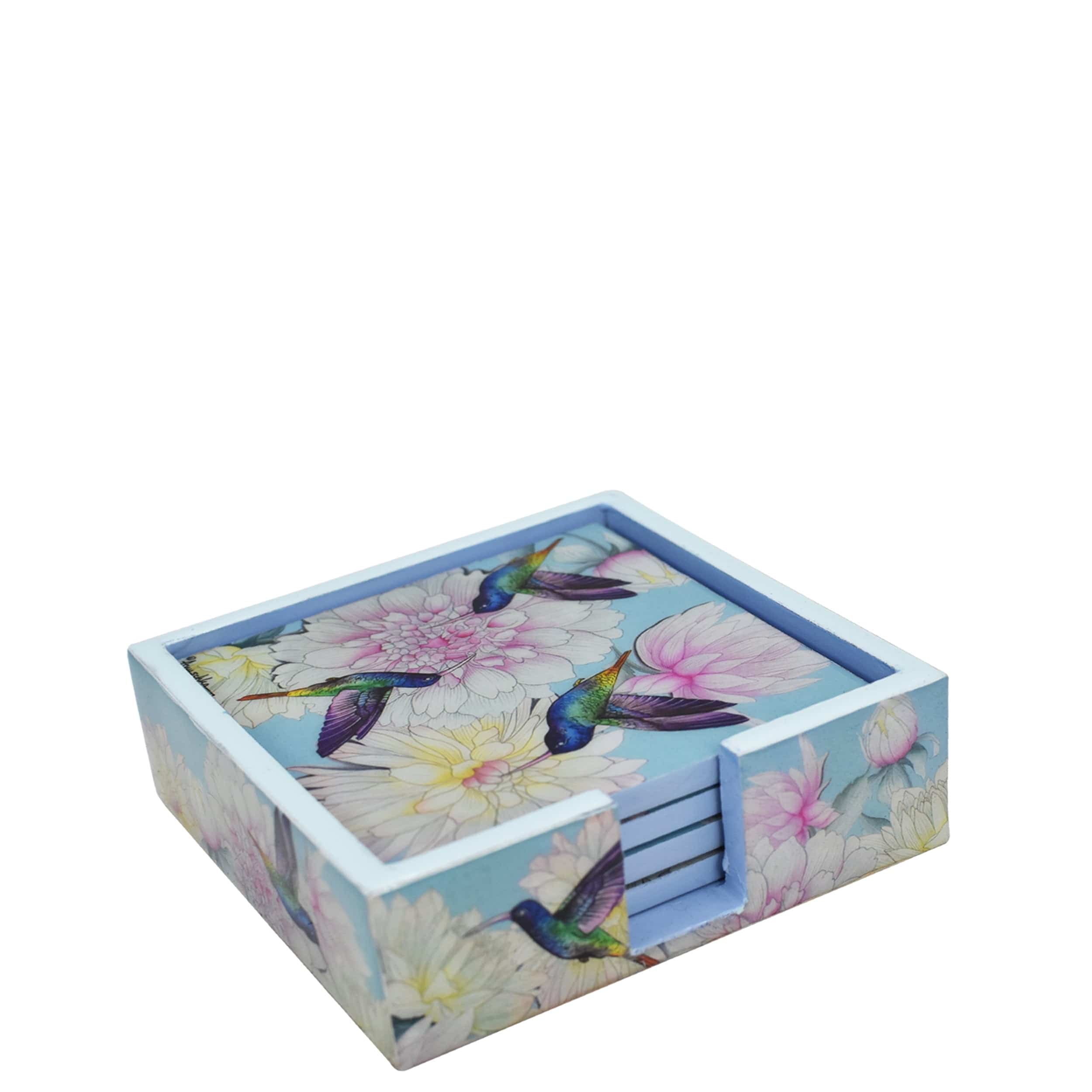 Set of 4 Wooden Printed Square Coasters - Made of natural mango wood with enamel inlay - Birds