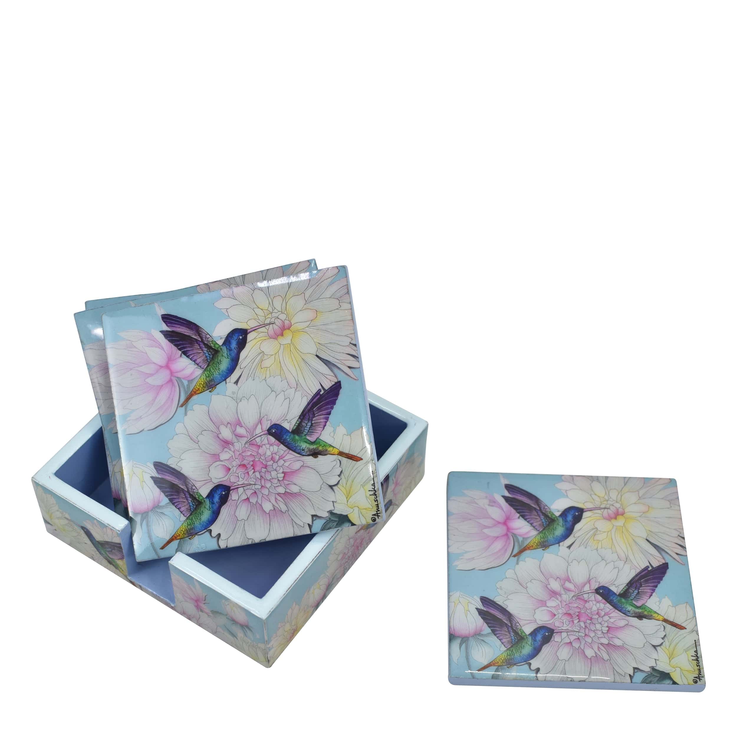 Set of 4 Wooden Printed Square Coasters - Made of natural mango wood with enamel inlay - Birds