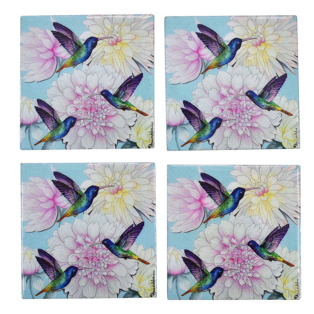 Set of 4 Wooden Printed Square Coasters - Made of natural mango wood with enamel inlay - Birds