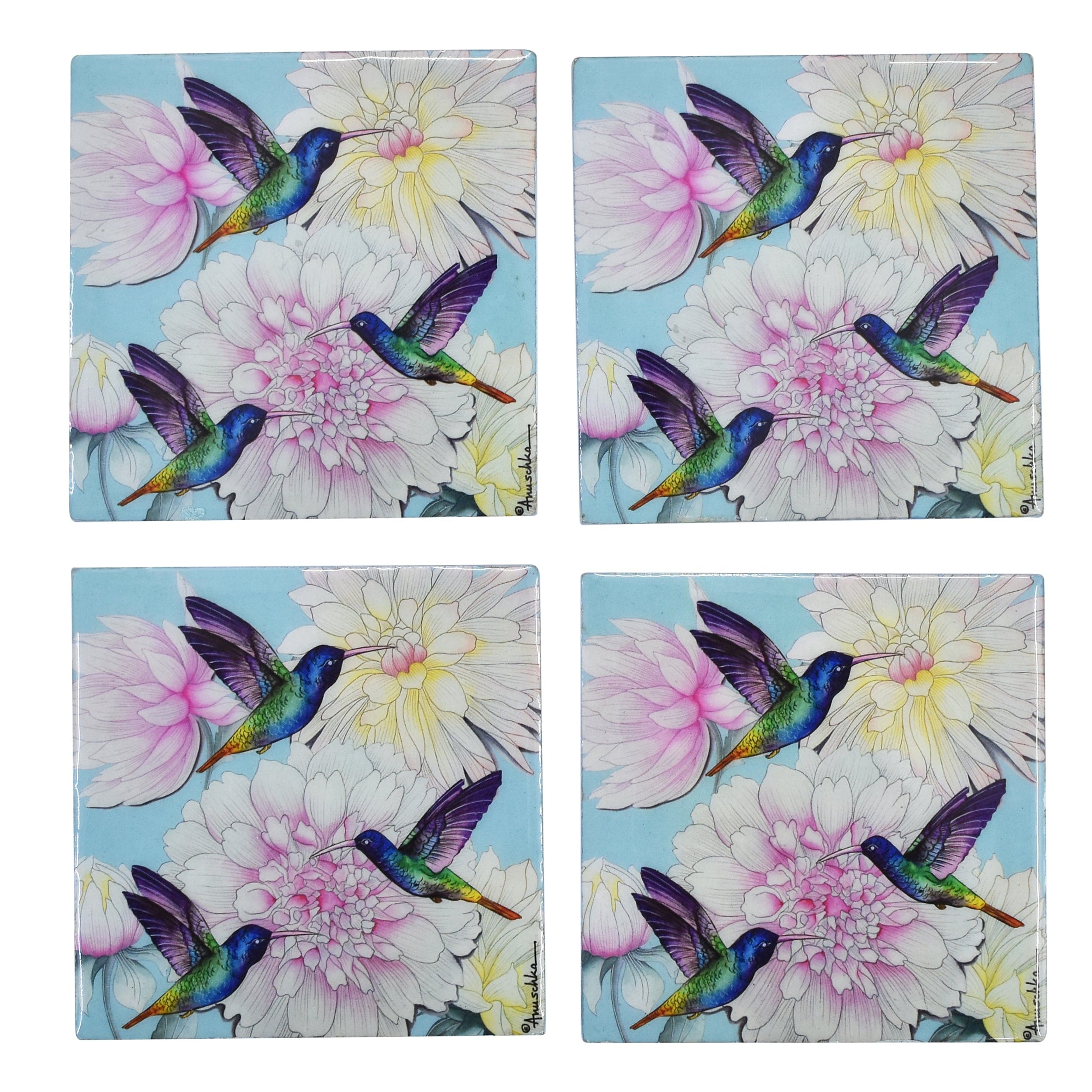 Set of 4 Wooden Printed Square Coasters - Made of natural mango wood with enamel inlay - Birds