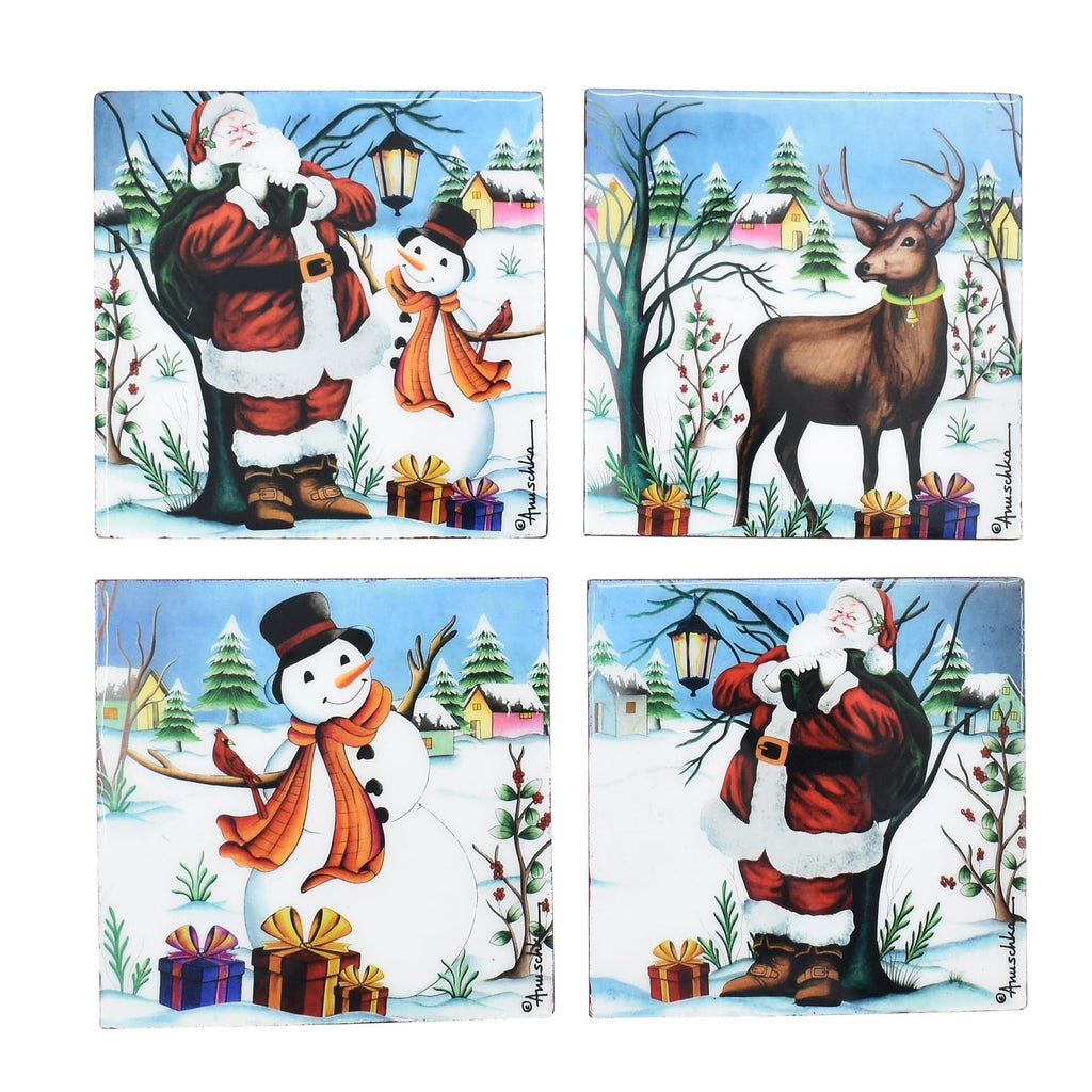 Set of 4 Wooden Printed Square Coasters Made of natural mango wood with enamel inlay - Christmas
