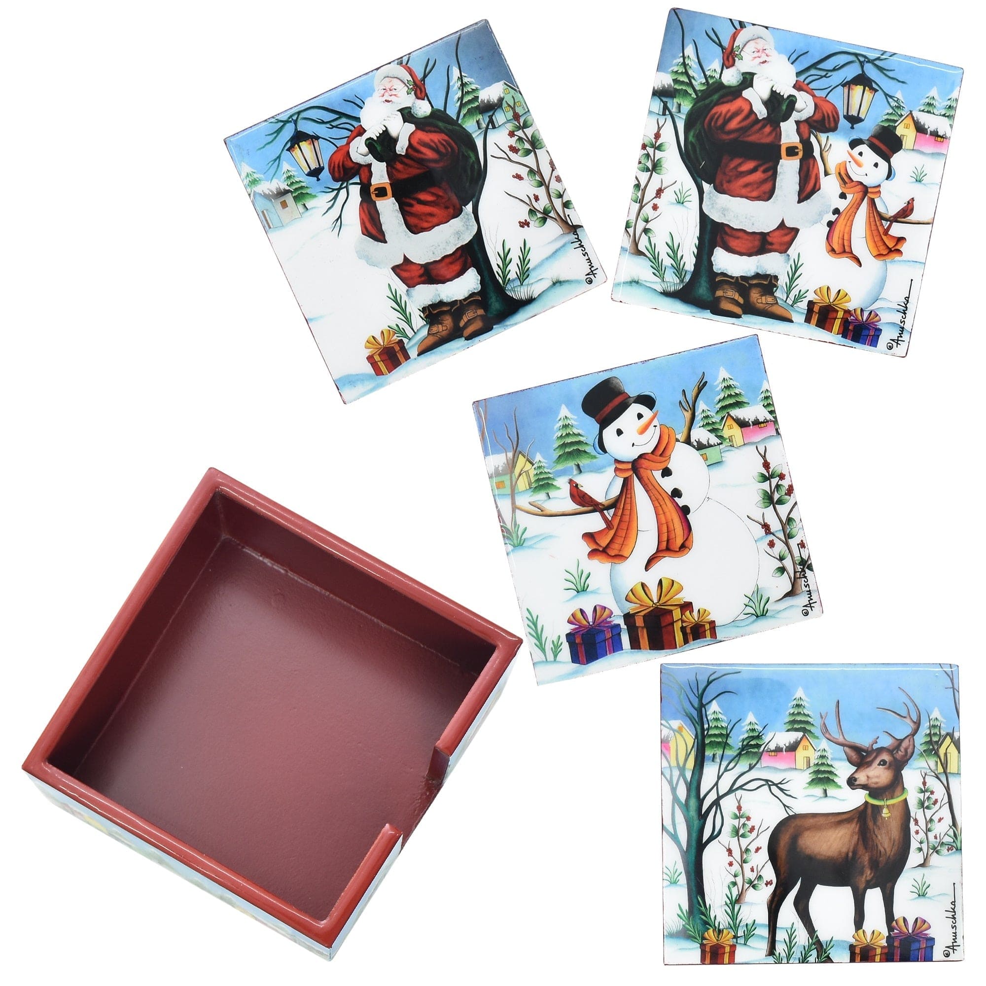 Set of 4 Wooden Printed Square Coasters Made of natural mango wood with enamel inlay - Christmas