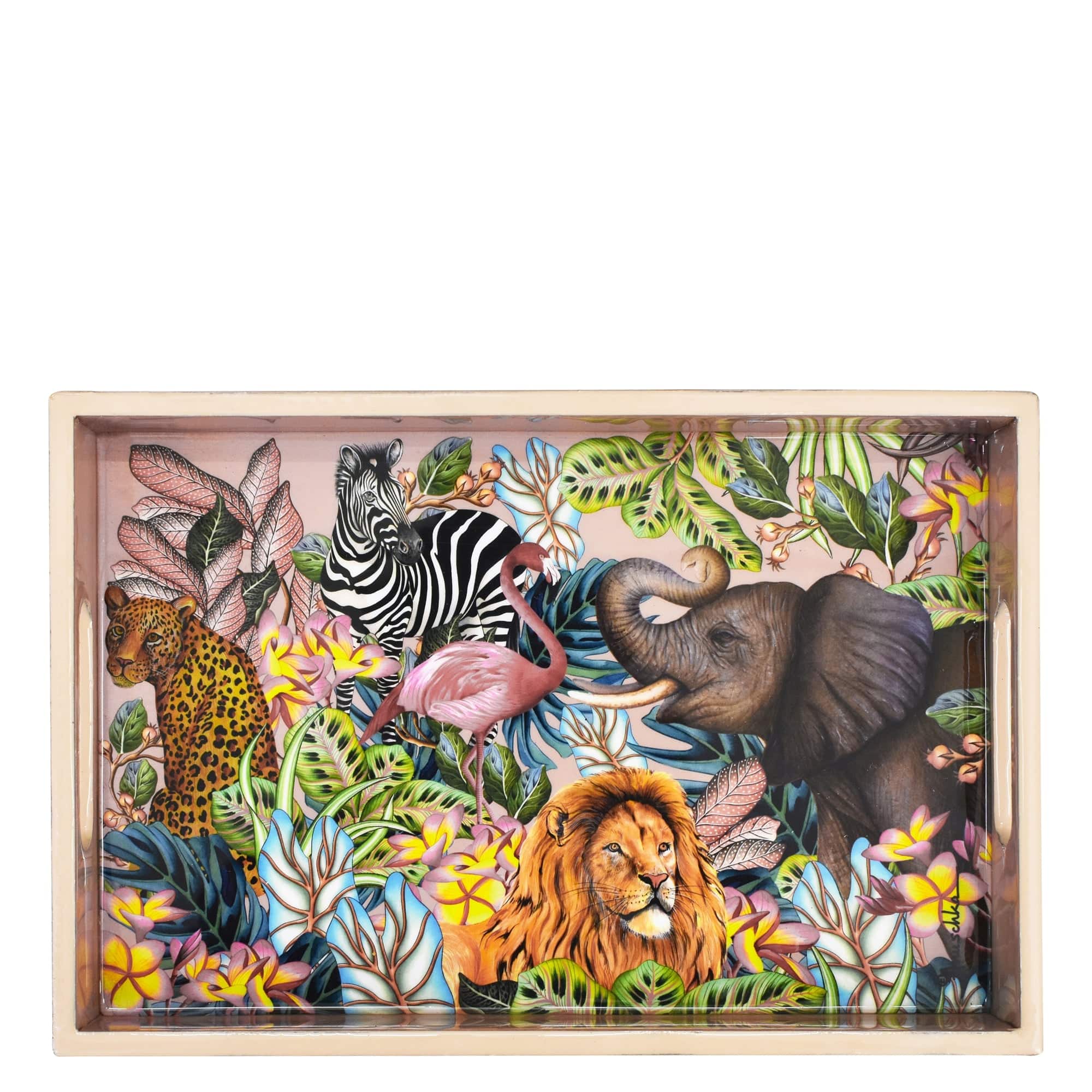 Wooden Printed Serving Tray  - Animals - Made of natural mango wood with enamel inlay