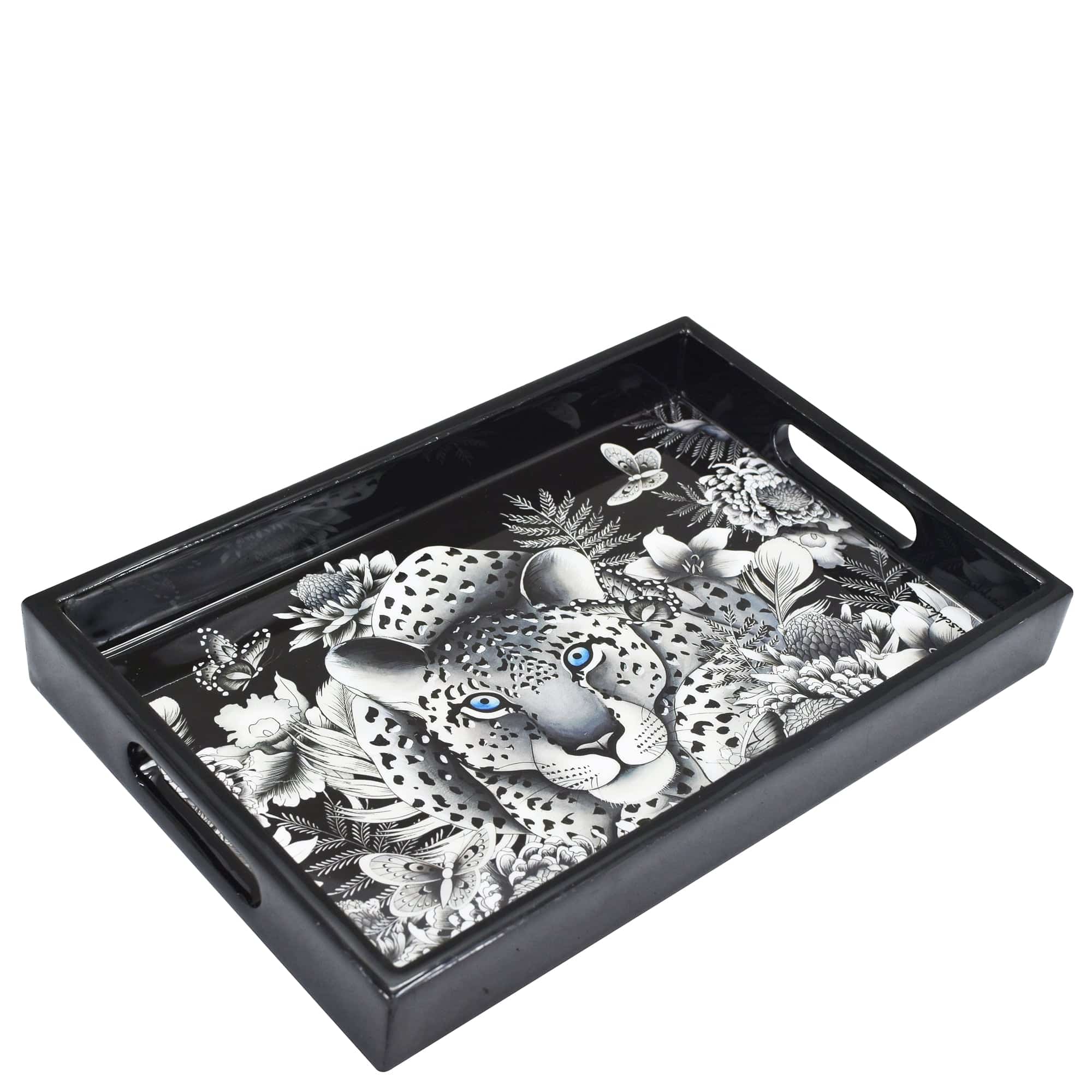 White Gray Leopard - Wooden Printed Serving Tray - Made of natural mango wood with enamel inlay