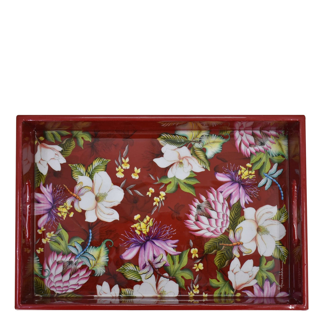 Red Floral - Wooden Printed Serving Tray - Made of natural mango wood with enamel inlay