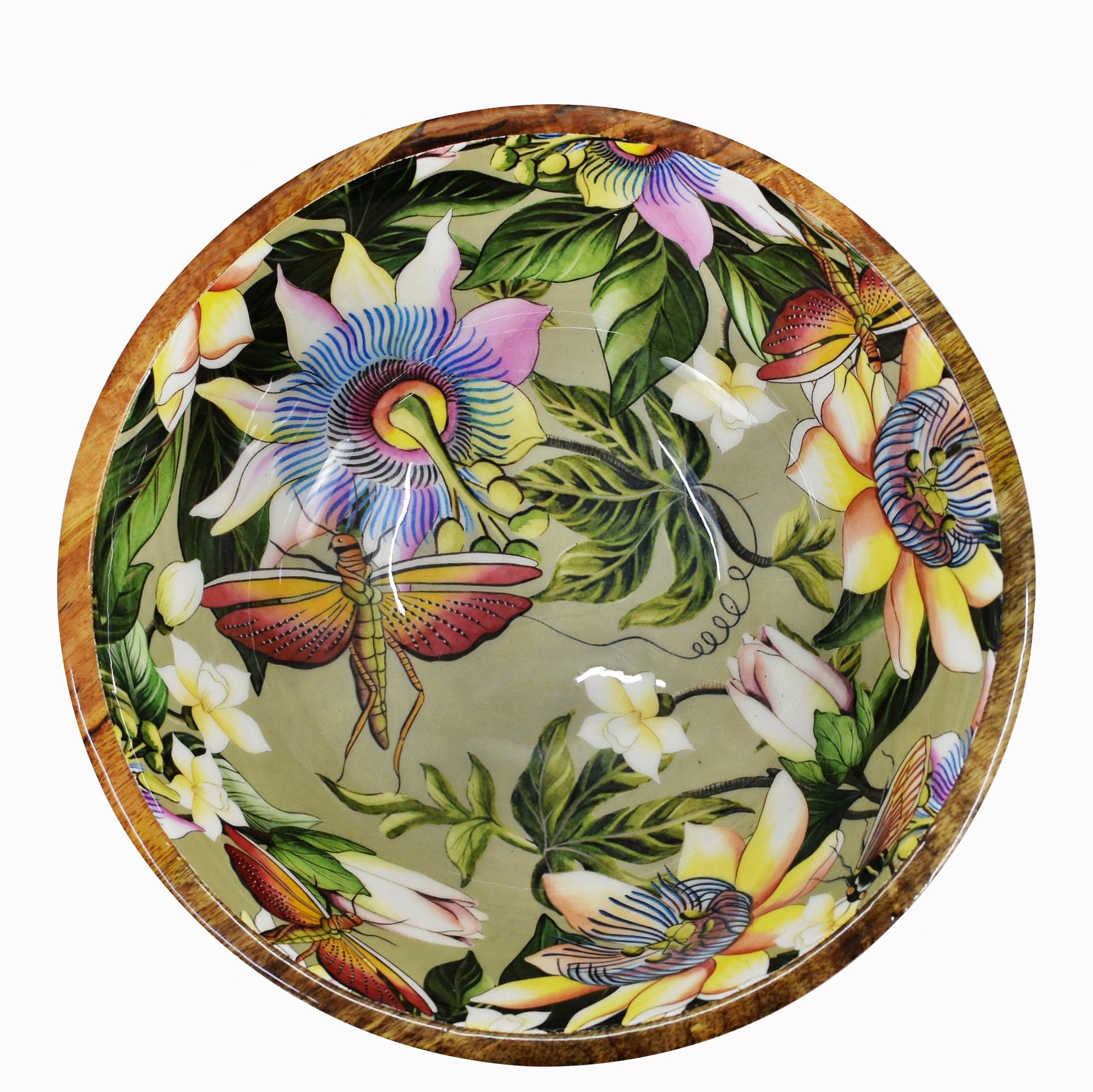 Wooden Printed Bowl - Made of natural mango wood with enamel inlay - Floral