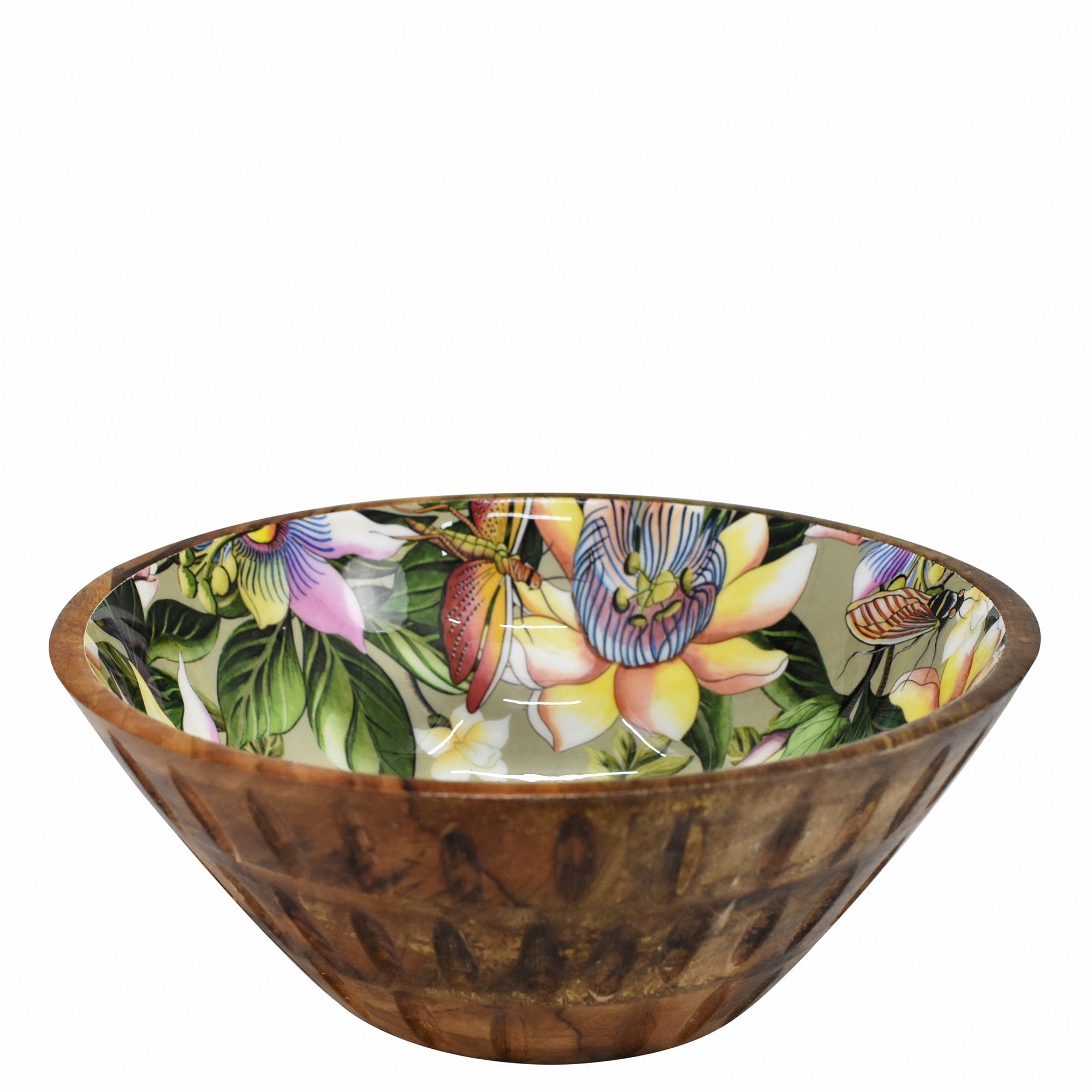 Wooden Printed Bowl - Made of natural mango wood with enamel inlay - Floral