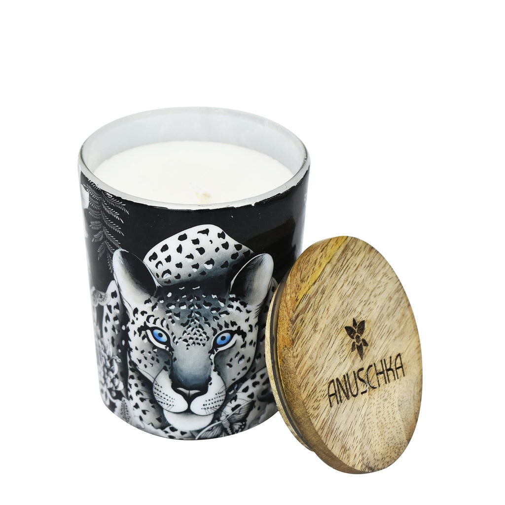 Black Bergamot Scented - Leopard Printed Glass Candle Jar - 25005
