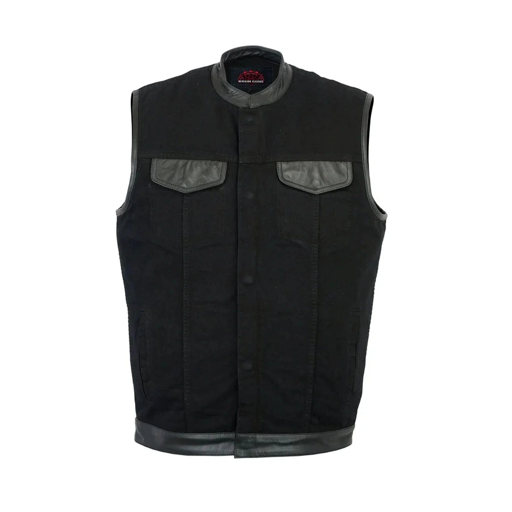 Men's Black Denim Single Panel Concealment Vest W/ Leather Trim