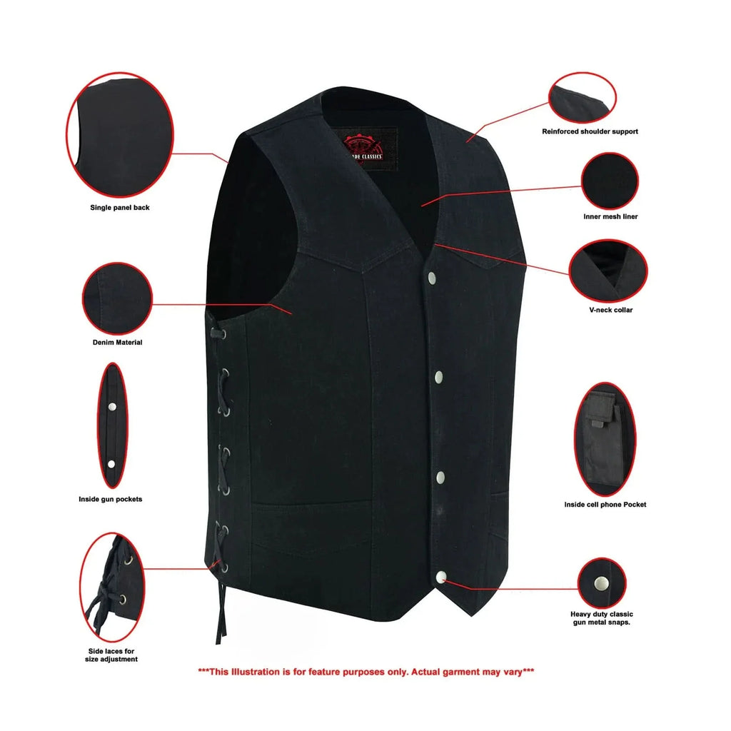Men's Traditional Denim Motorcycle Vest with Side Laces – Smart Access Pockets