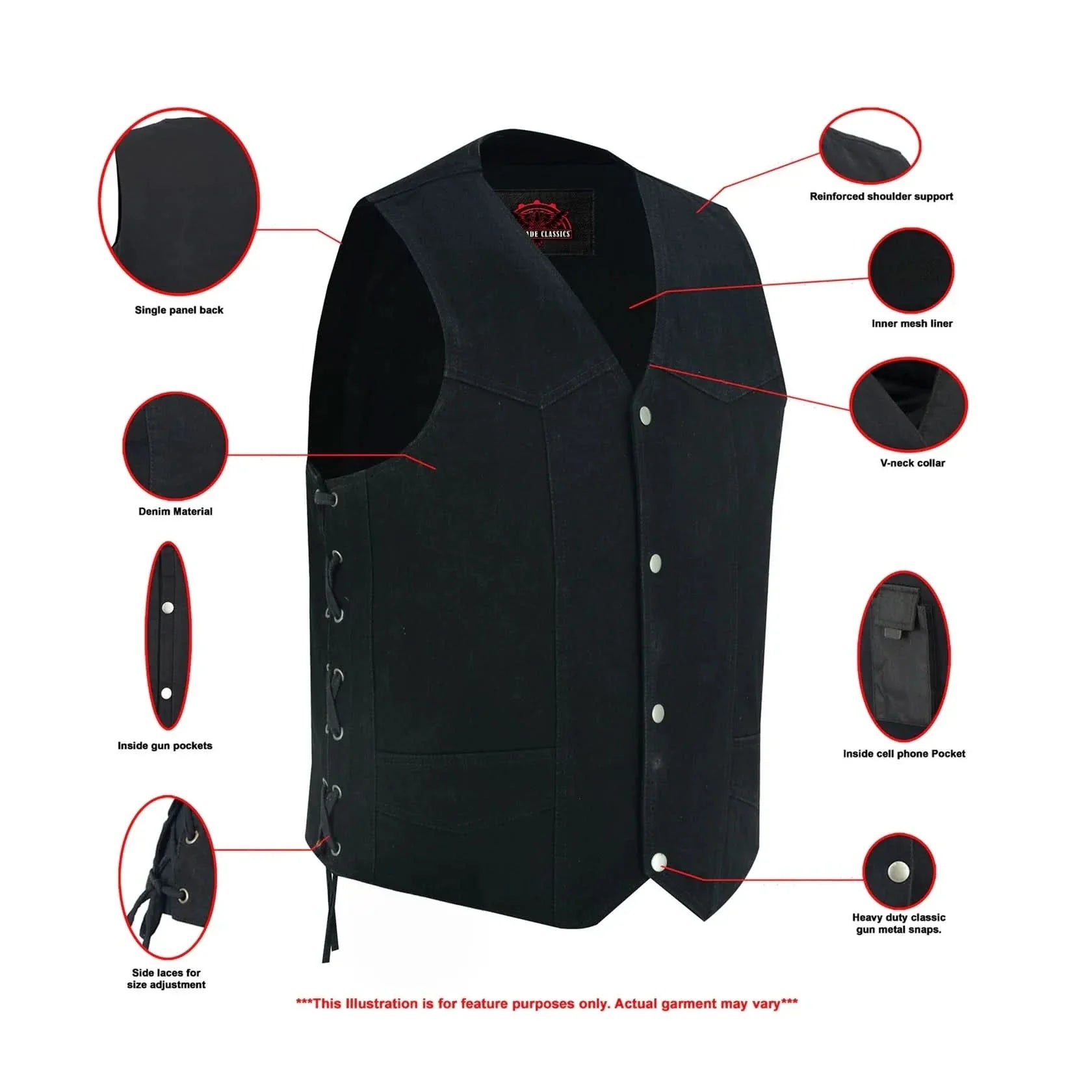 Men's Traditional Denim Motorcycle Vest with Side Laces – Smart Access Pockets