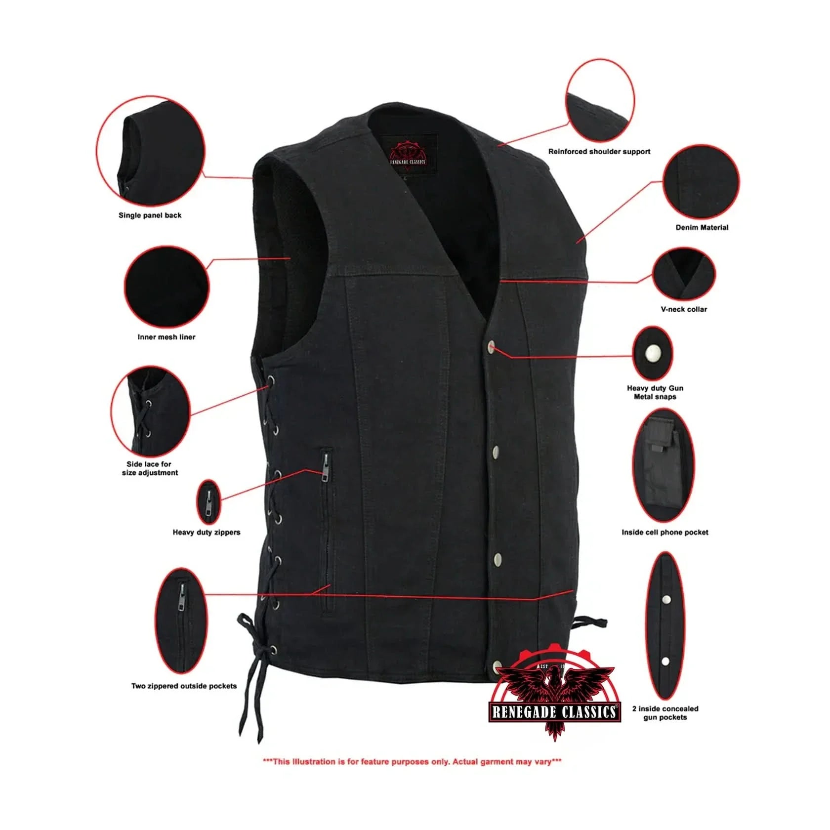 Men's Black Denim Motorcycle Vest – Single Panel Back