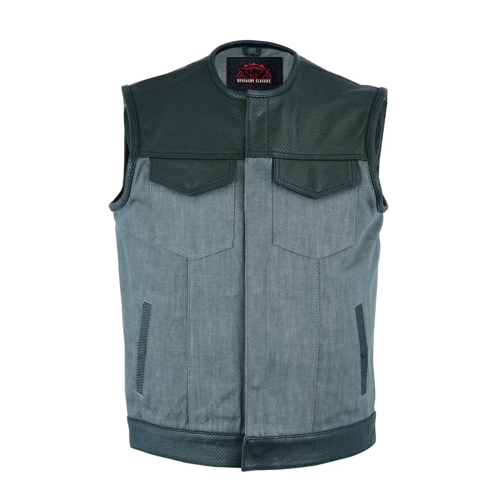 Men's Perforated Leather/Denim Combo Vest (Black/ Ash Gray)