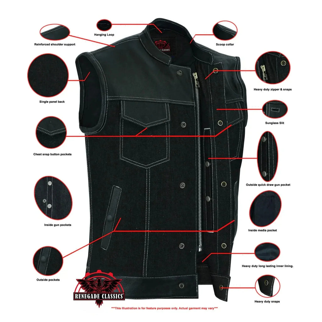 Men's Leather-Denim Combo Motorcycle Vest w/ Scoop Collar