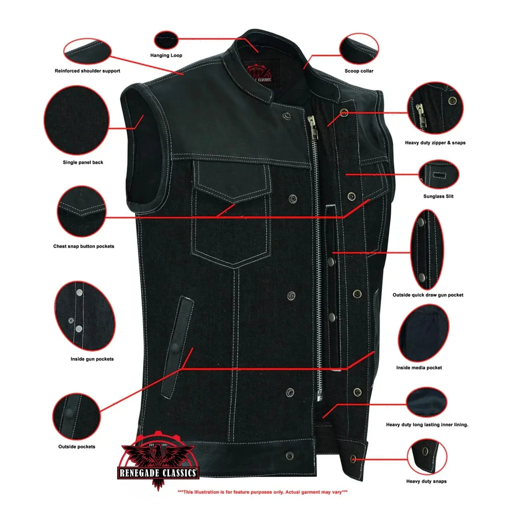 Men's Leather-Denim Combo Motorcycle Vest w/ Scoop Collar