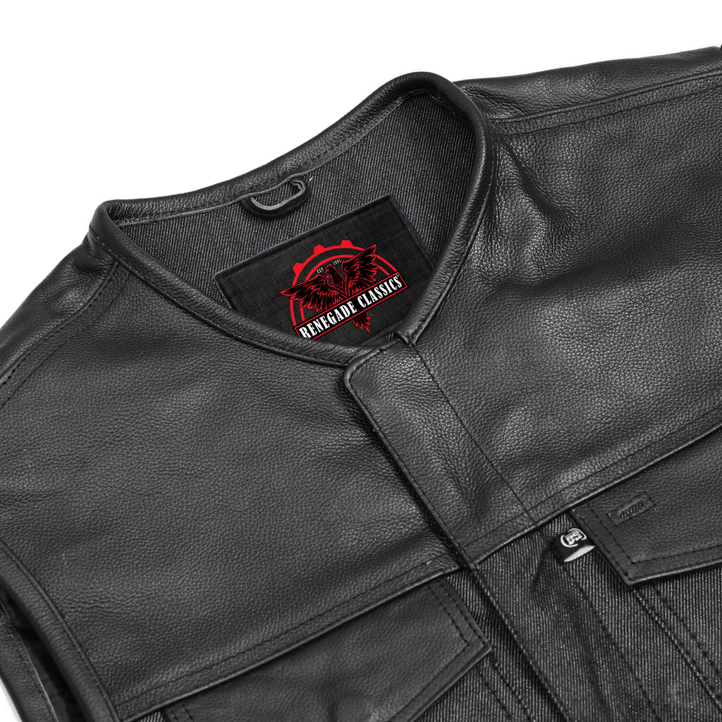 Men's Leather-Denim Combo Motorcycle  Vest - No Collar