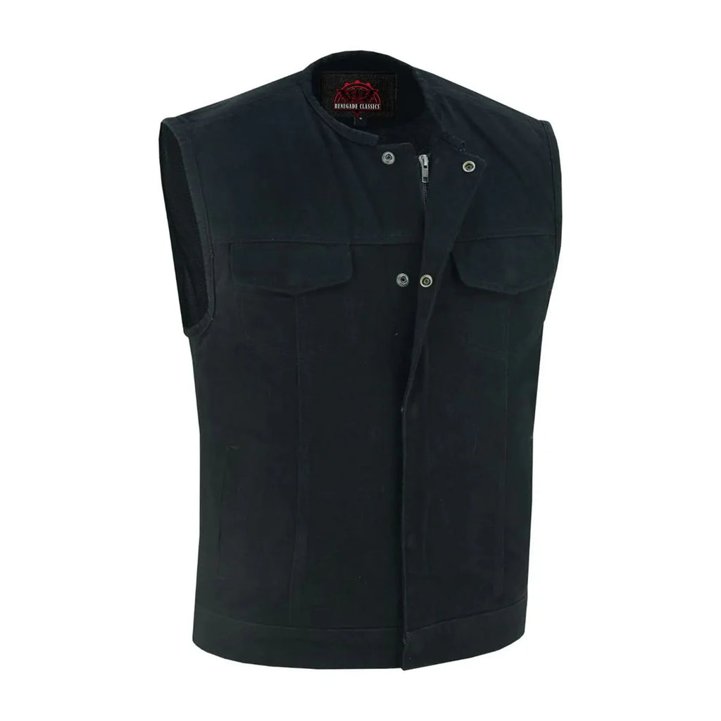 Mens Black Denim Motorcycle Vest with Concealed Snaps & Zipper