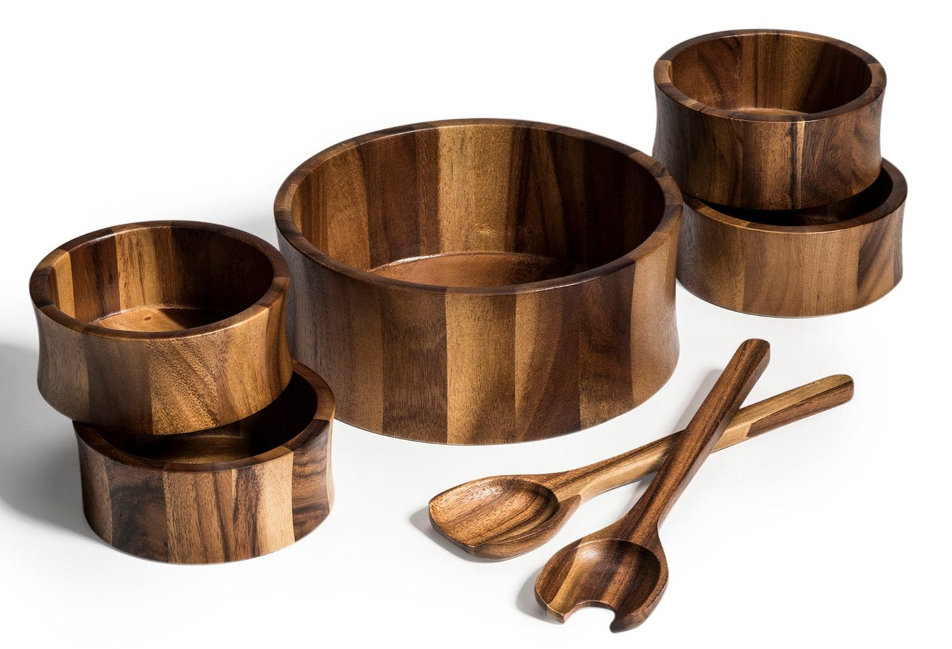 7-piece Large Acacia Wood Salad Bowl with Servers and 4 bowls - 328B7