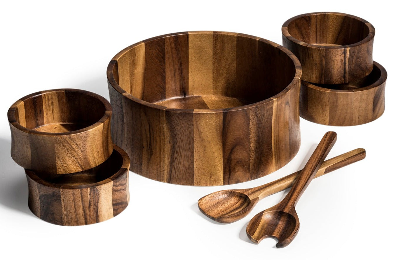 7 piece Extra Large Acacia Wood Salad Bowl with Servers and 4 Individual bowls - 328C7