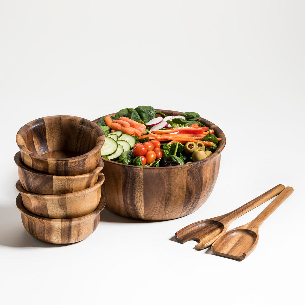 7-piece Large Acacia Wood Salad Bowl with Servers and 4 bowls - 335B7