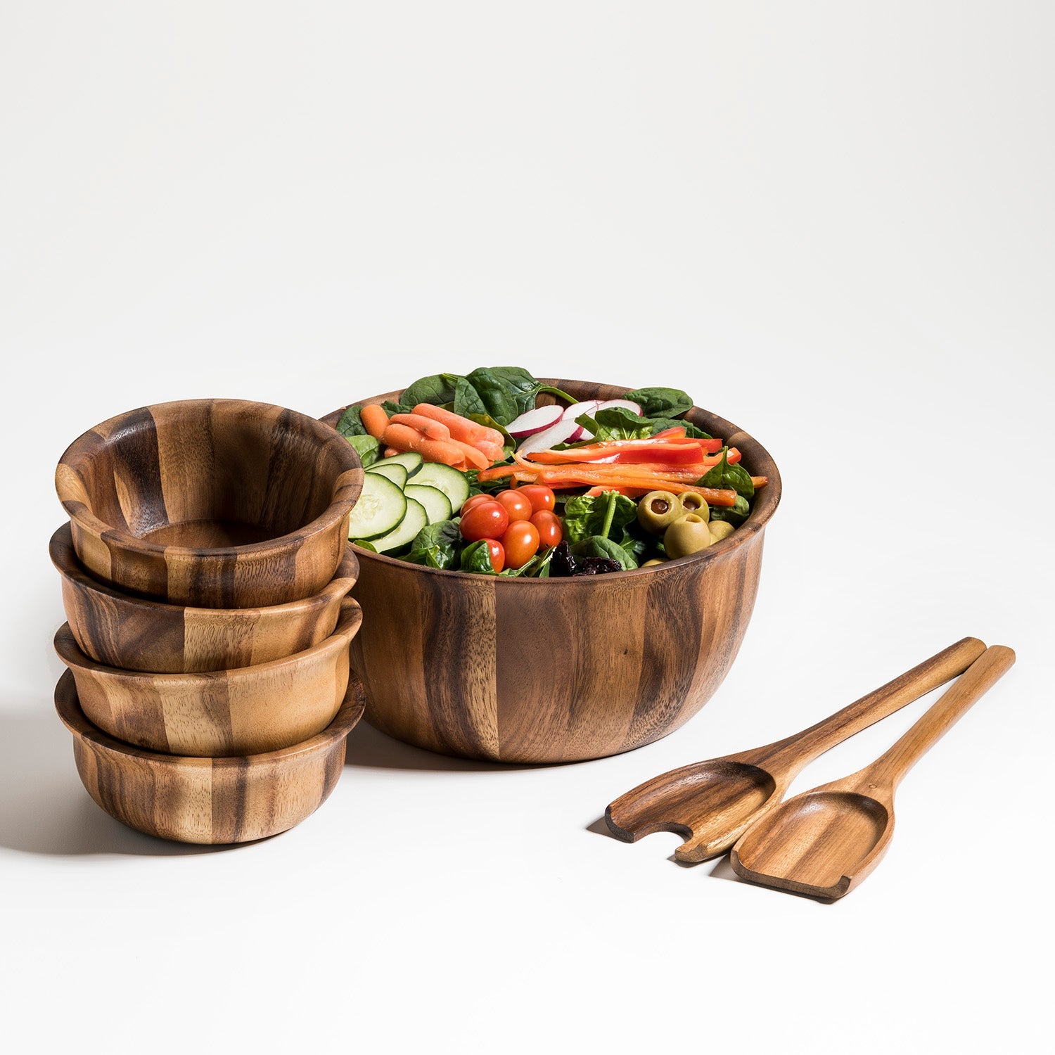 7-piece Large Acacia Wood Salad Bowl with Servers and 4 bowls - 335B7