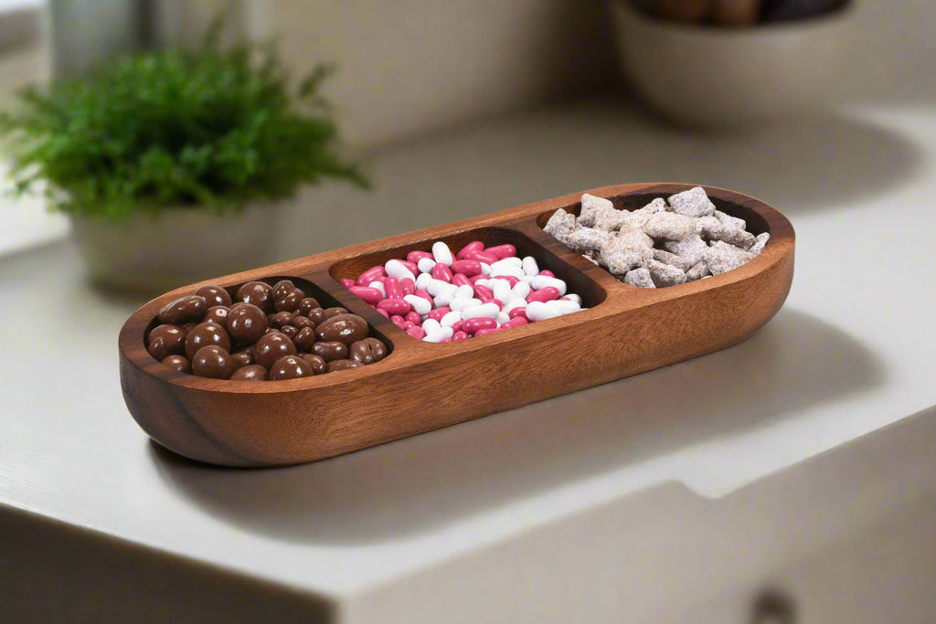 Acacia Wood 3 compartment Candy/ Nut Tray Bowl