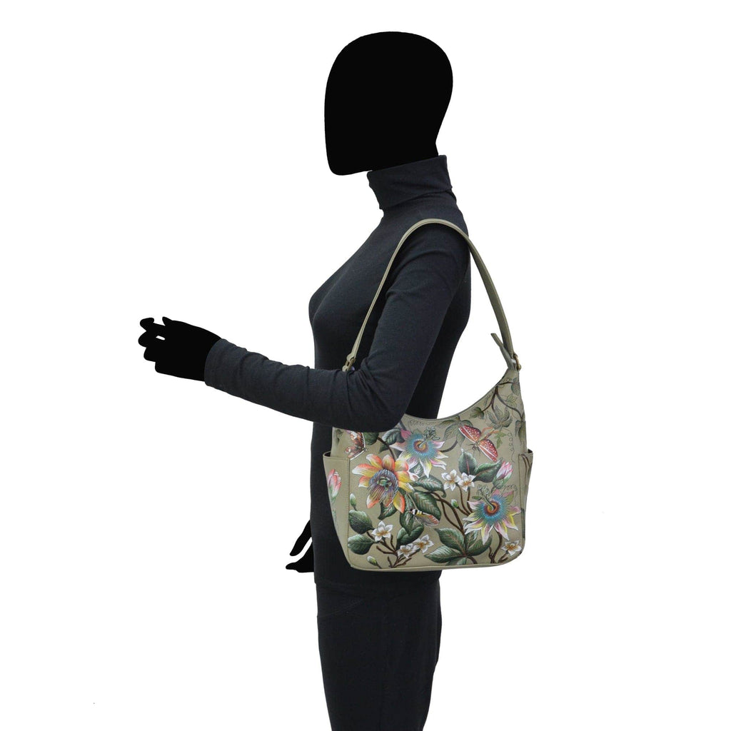 Classic Hobo With Side Pockets - 382 Hand painted original artwork. Genuine leather - floral