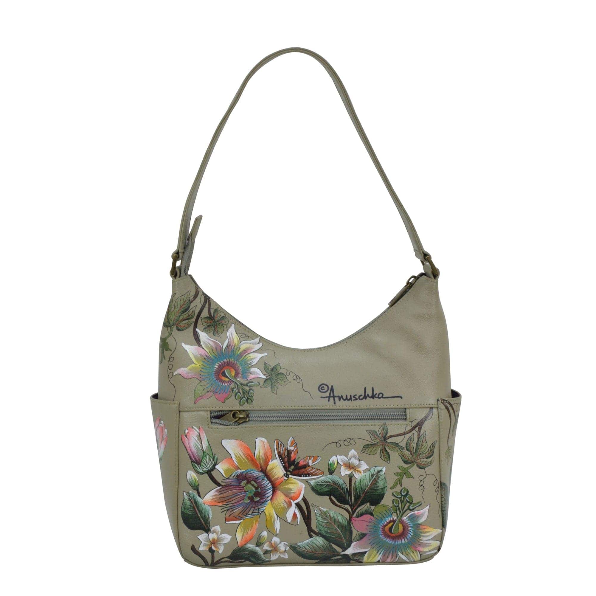 Classic Hobo With Side Pockets - 382 Hand painted original artwork. Genuine leather - floral