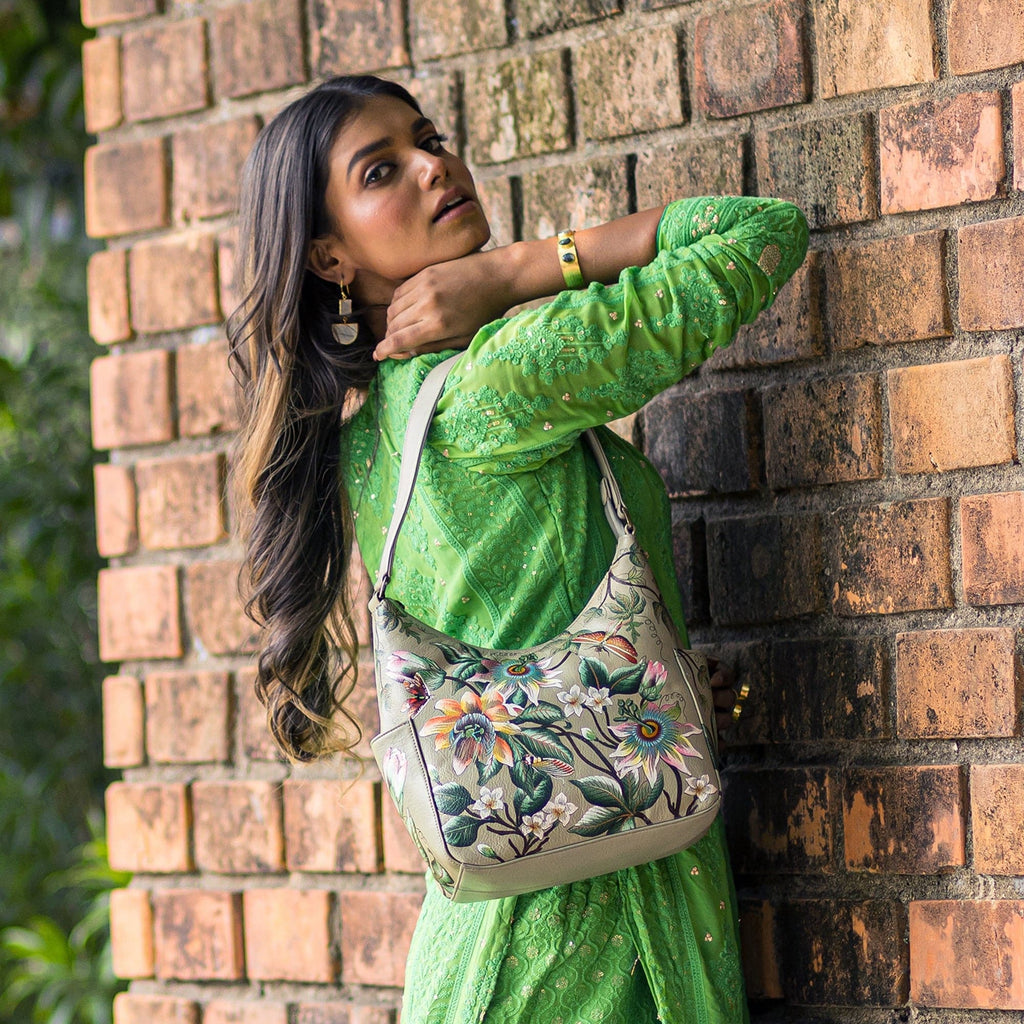 Classic Hobo With Side Pockets - 382 Hand painted original artwork. Genuine leather - floral