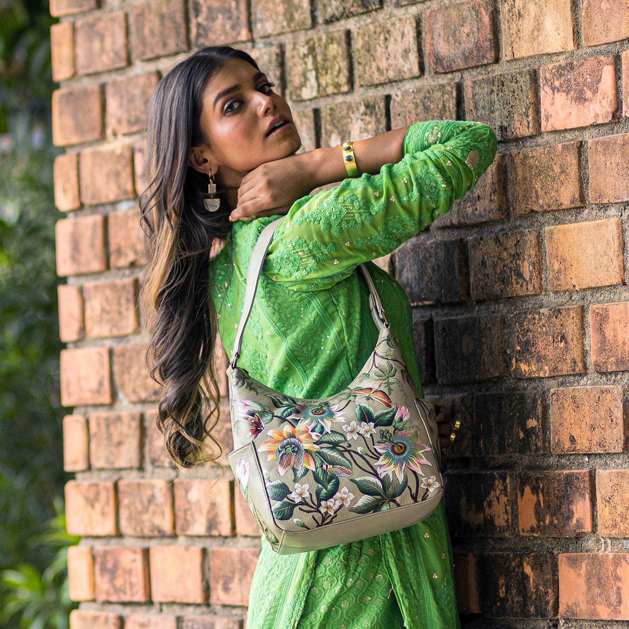 Classic Hobo With Side Pockets - 382 Hand painted original artwork. Genuine leather - floral