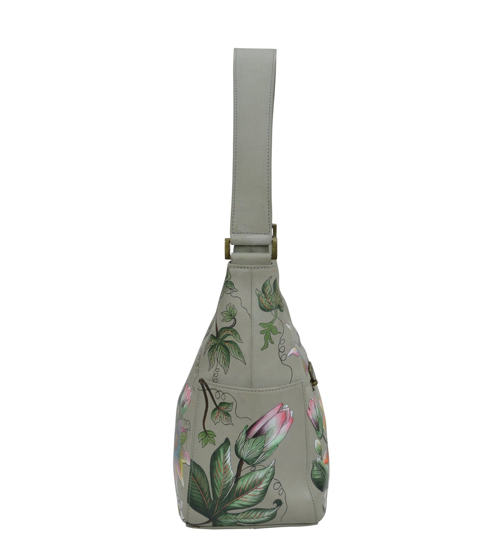 Classic Hobo With Side Pockets - 382 Hand painted original artwork. Genuine leather - floral