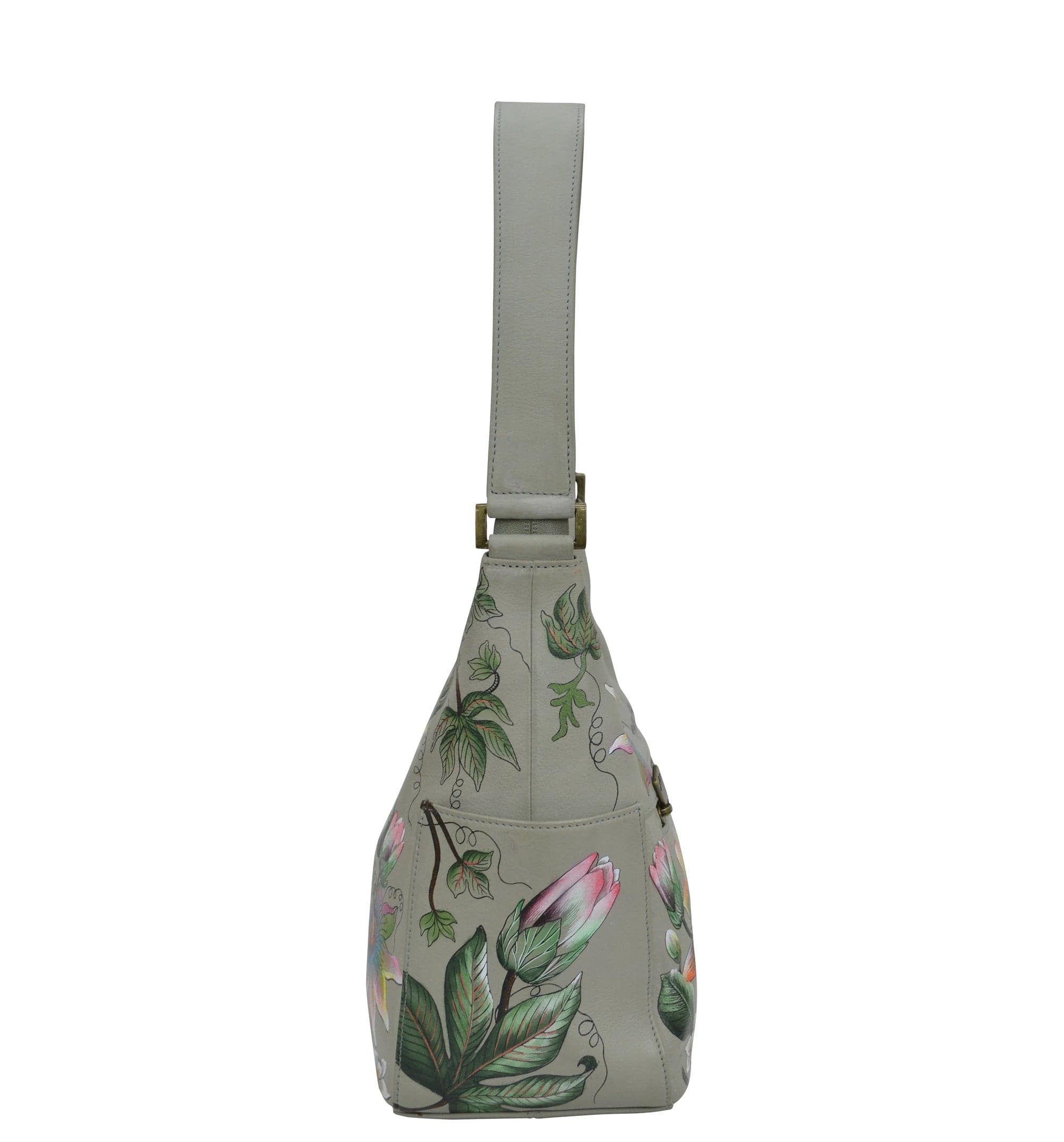 Classic Hobo With Side Pockets - 382 Hand painted original artwork. Genuine leather - floral