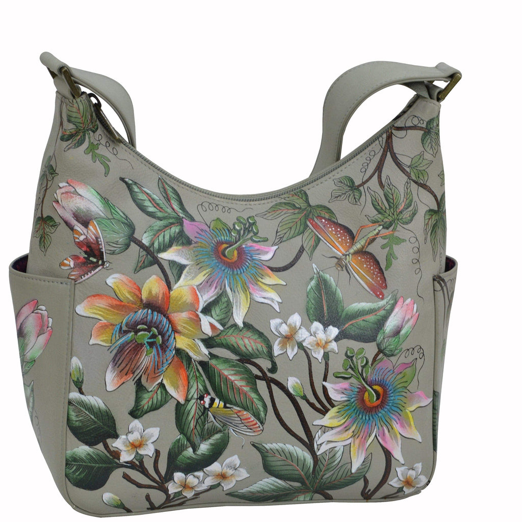 Classic Hobo With Side Pockets - 382 Hand painted original artwork. Genuine leather - floral