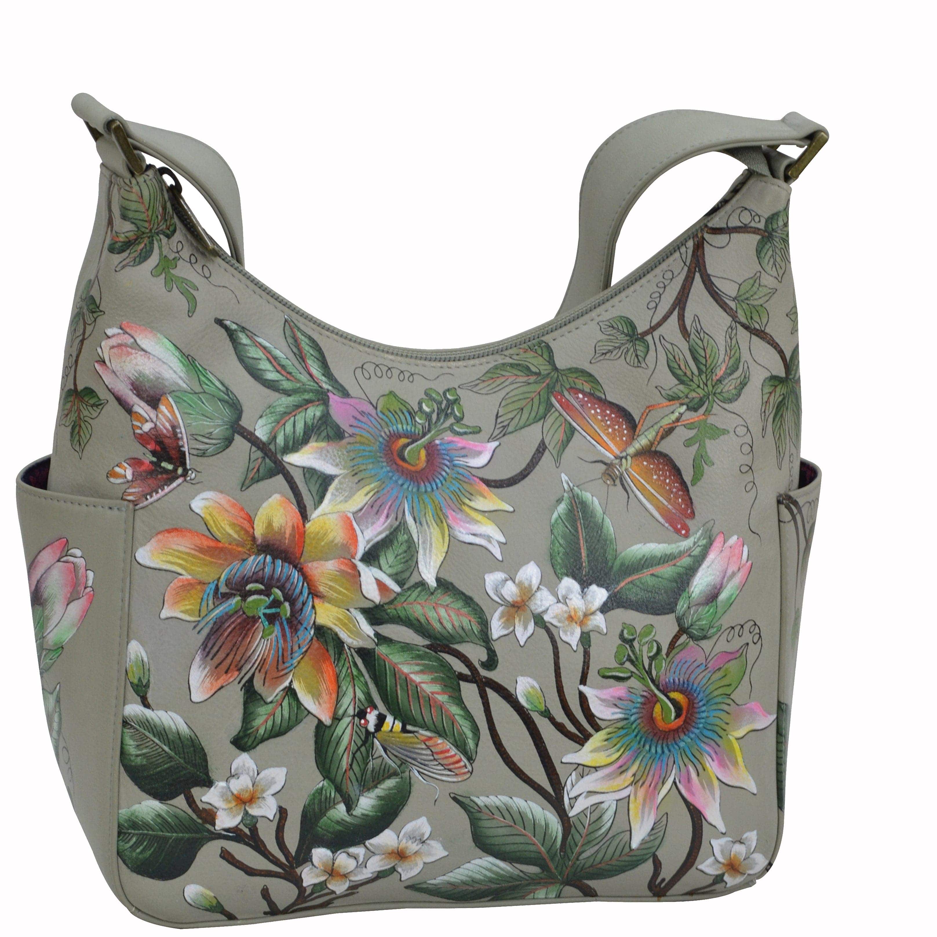 Classic Hobo With Side Pockets - 382 Hand painted original artwork. Genuine leather - floral