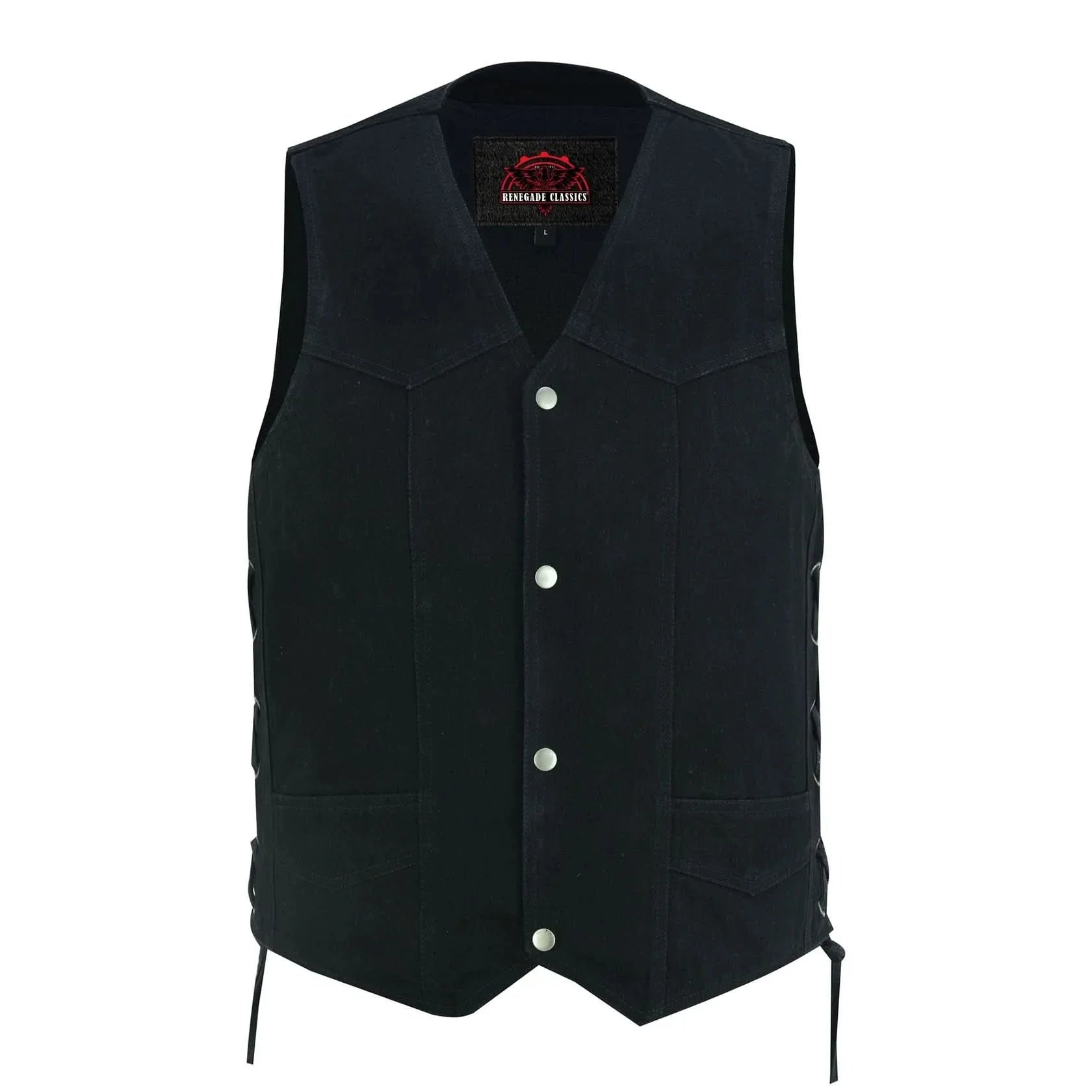 Men's Traditional Denim Motorcycle Vest with Side Laces – Smart Access Pockets