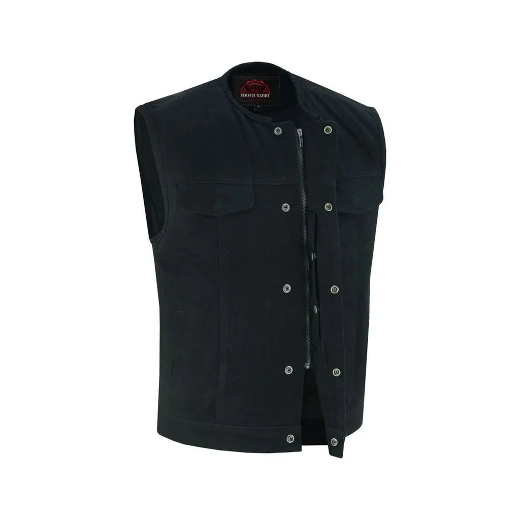 Mens Black Denim Motorcycle Vest with Concealed Snaps & Zipper