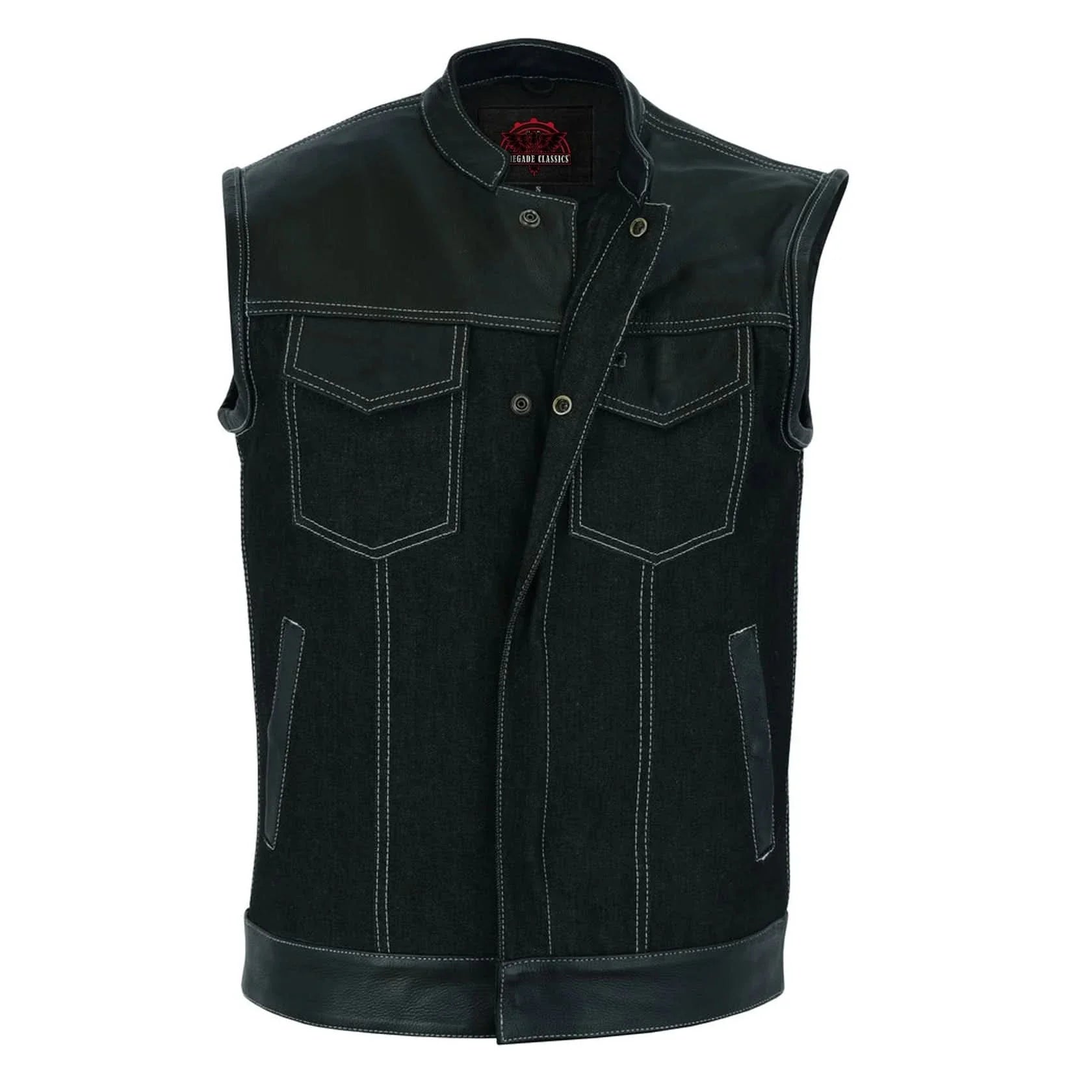 Men's Leather-Denim Combo Motorcycle Vest w/ Scoop Collar