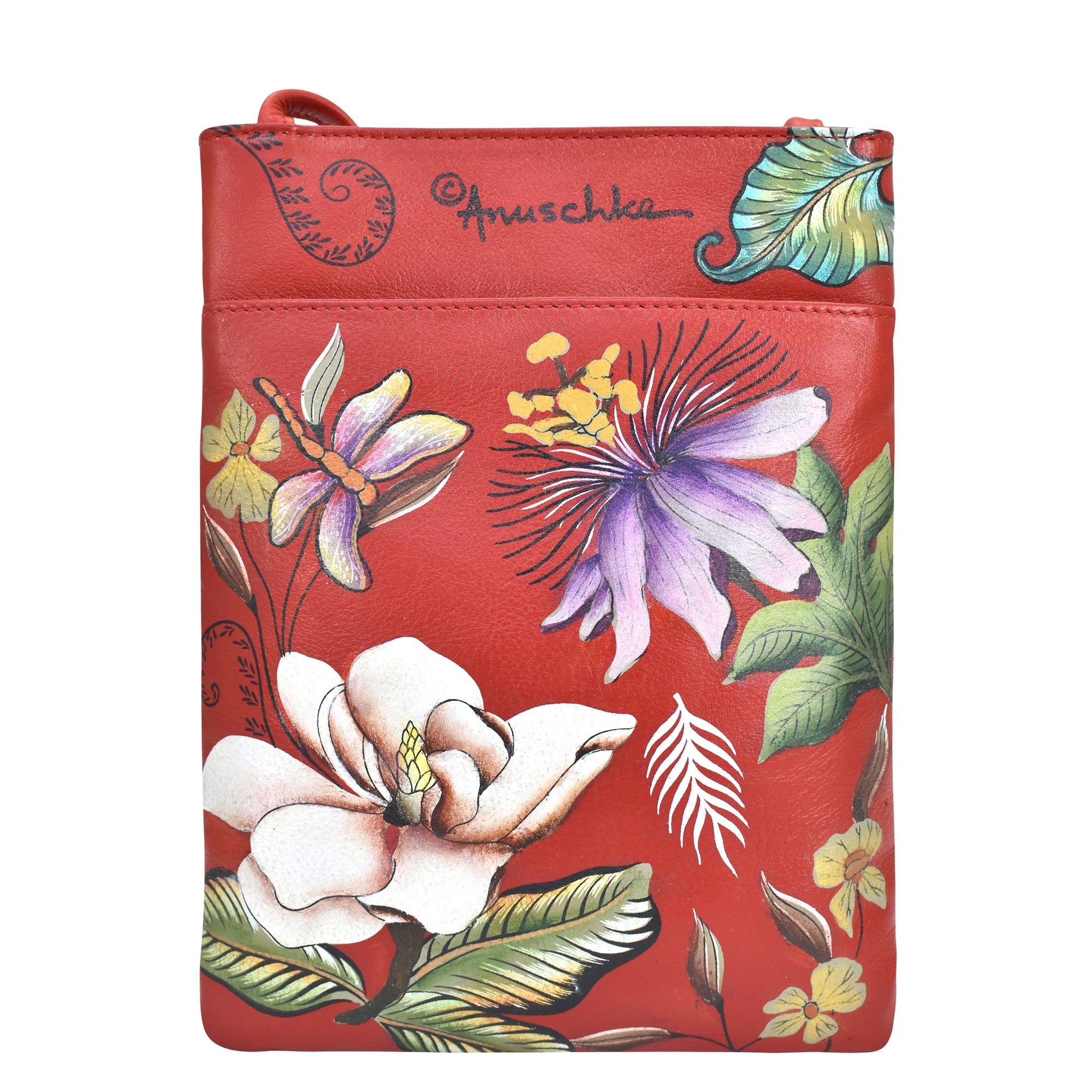 Mini Double Zip Travel Crossbody - 448 Hand painted original artwork. Genuine leather - Floral