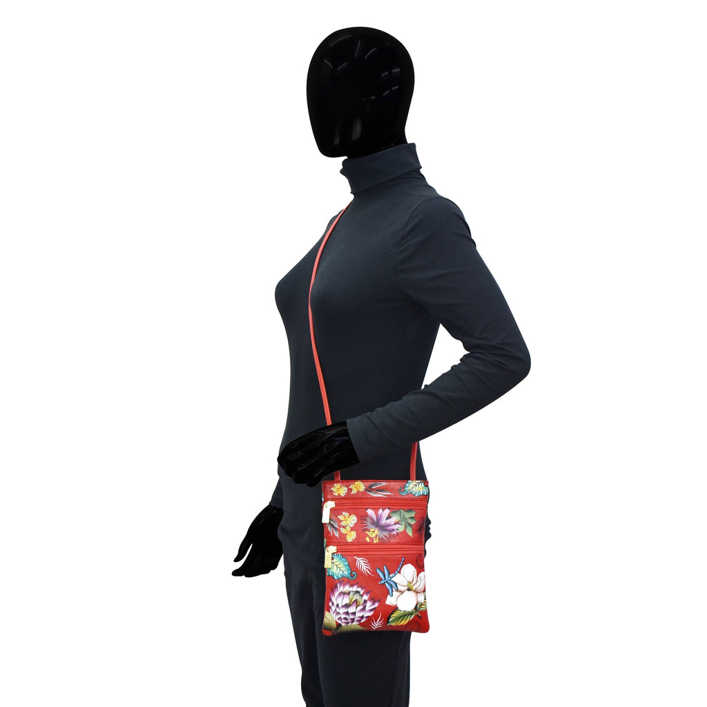 Mini Double Zip Travel Crossbody - 448 Hand painted original artwork. Genuine leather - Floral