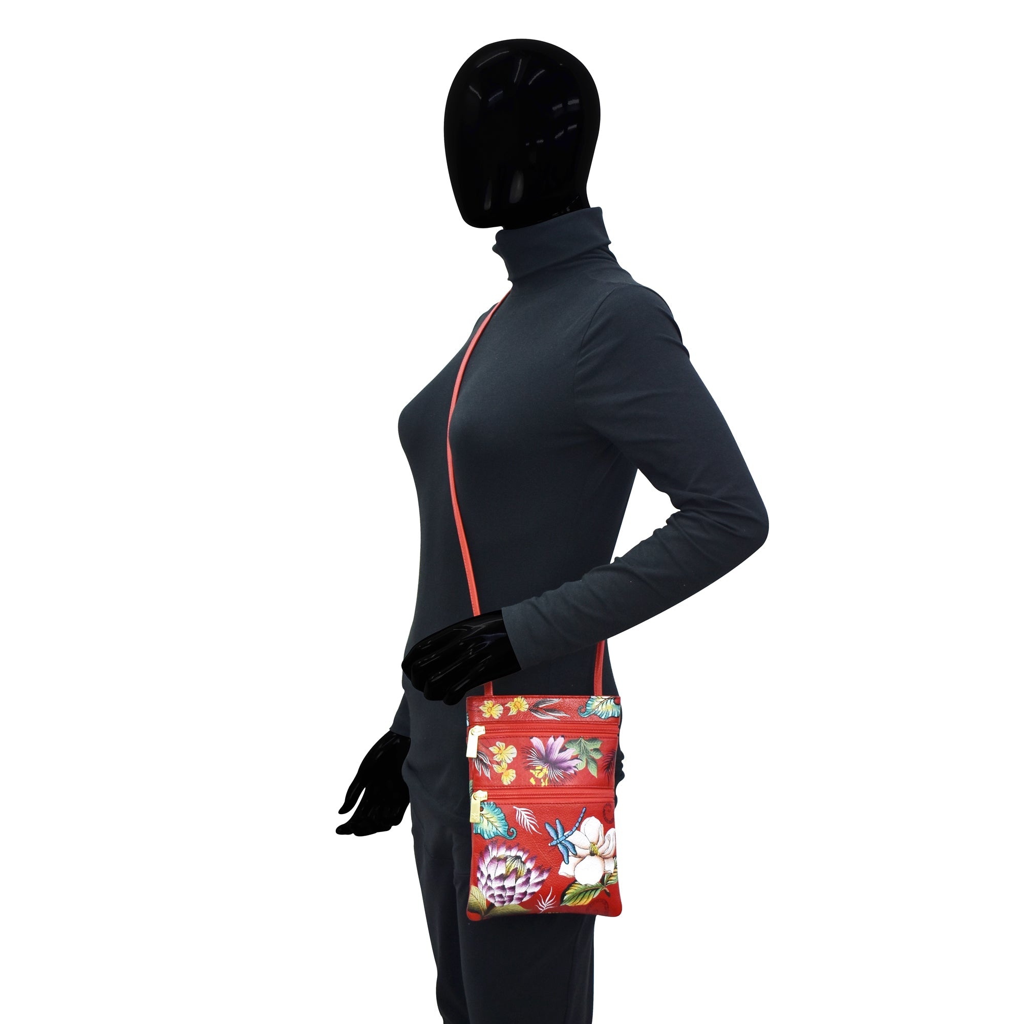 Mini Double Zip Travel Crossbody - 448 Hand painted original artwork. Genuine leather - Floral